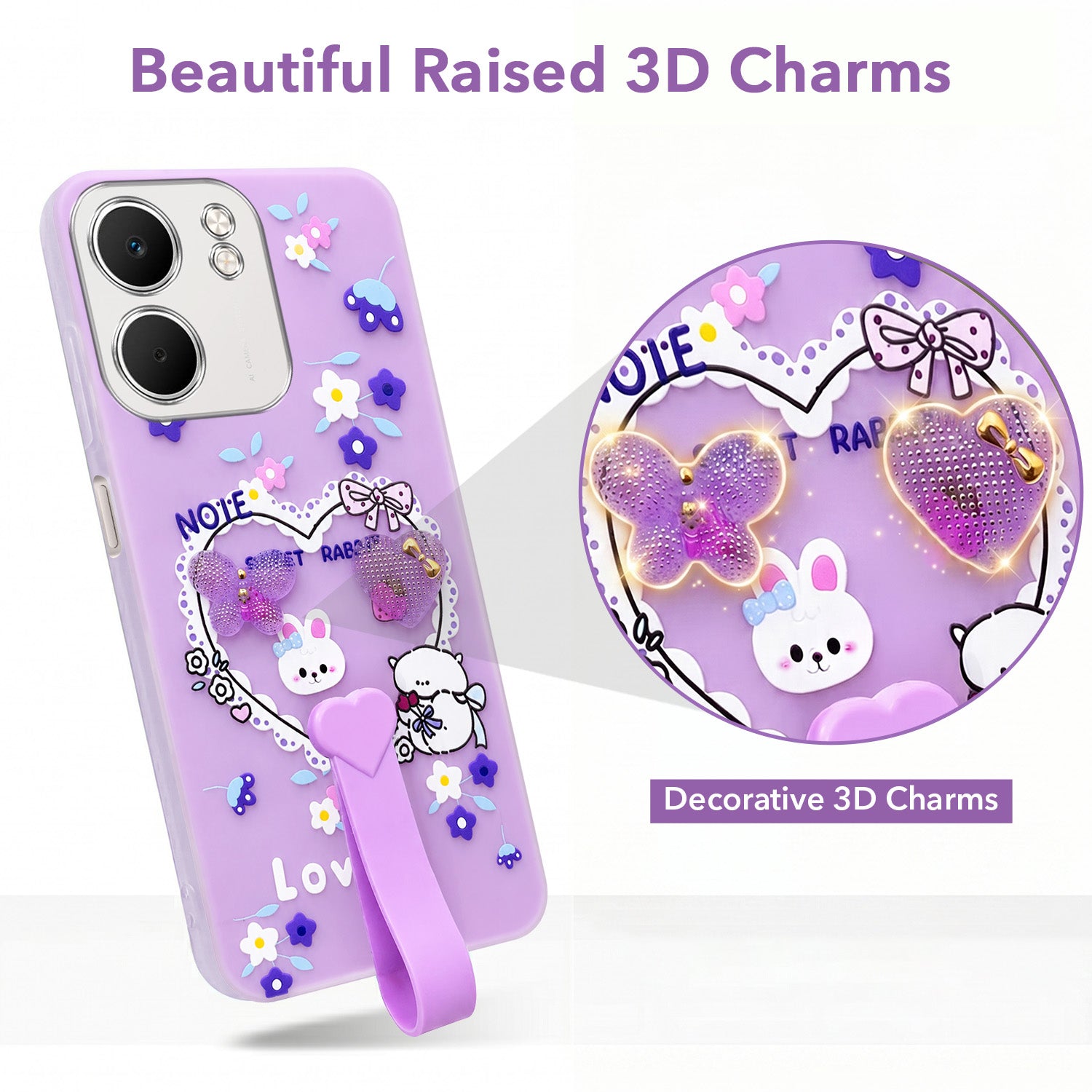 For Oppo A5X Back Cover Case (3D Cute Heart Strap Holder | Camera Protection | Designer Girls Print)