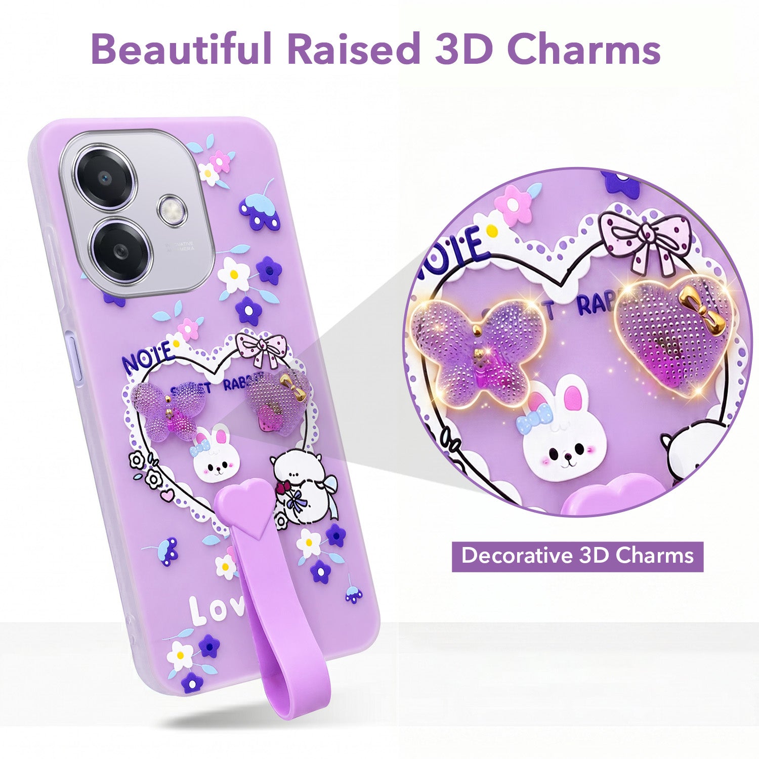 For Oppo A3X (4G/5G) | Oppo A3 5G Back Cover Case (3D Cute Heart Strap Holder | Camera Protection | Designer Girls Print)