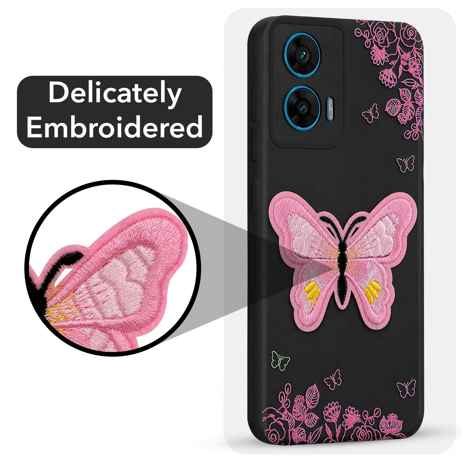 For Motorola Moto G96 Back Cover Case (Soft Butterfly Embroidery | Women Teen Girls | Camera Protection| Matte Silicone)