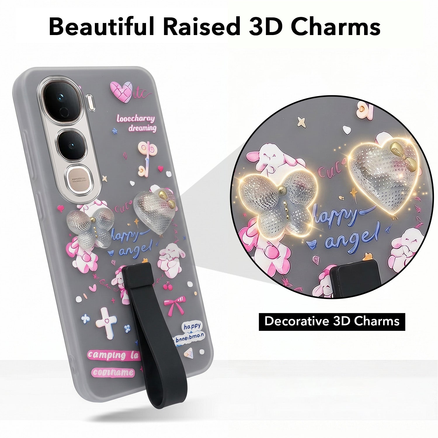 For Vivo Y400 Pro Back Cover Case (3D Cute Heart Strap Holder | Camera Protection | Designer Girls Print)