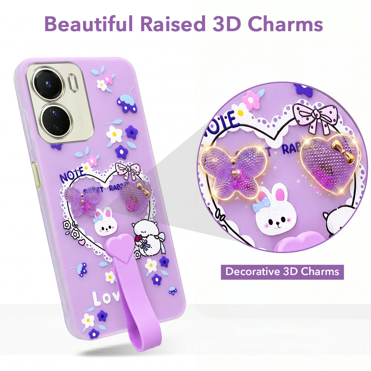 For Vivo Y16 Back Cover Case (3D Cute Heart Strap Holder | Camera Protection | Designer Girls Print)
