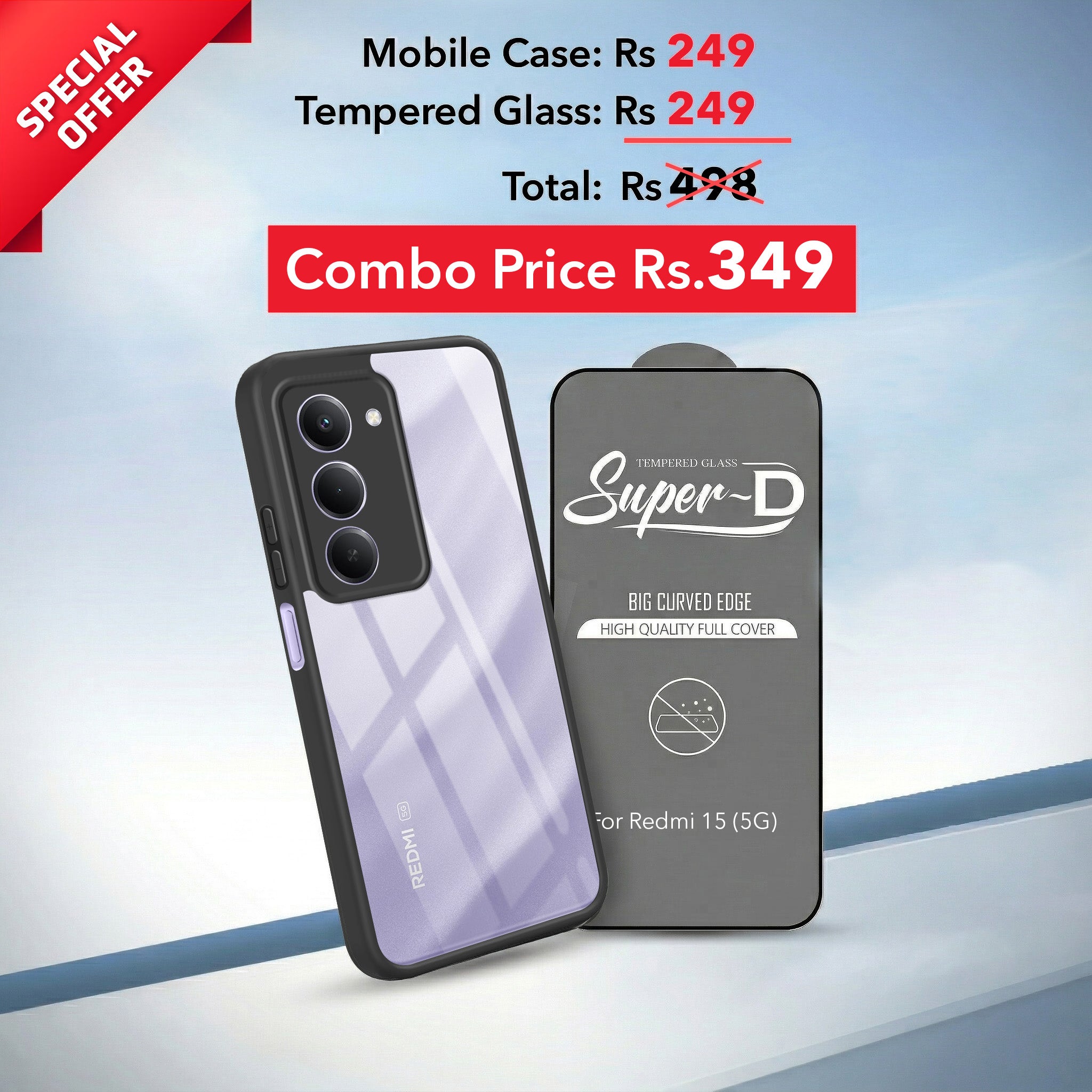 For Redmi 15 Combo with Back Cover and 9H Tempered Glass (Lifetime Anti-Yellow | Crystal Clear Shockproof | Oleophobic Coating Screen Glass)