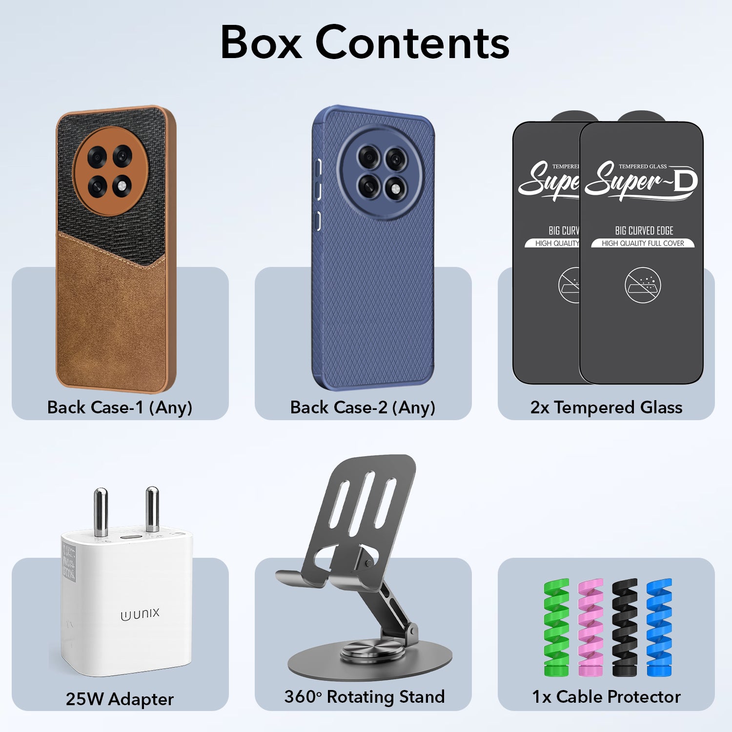 Complete Mobile Care Kit (Get Any 2 Cases+2 Tempered Glass+25W Charger Adapter+Metallic Mobile Stand+Cable Protector)