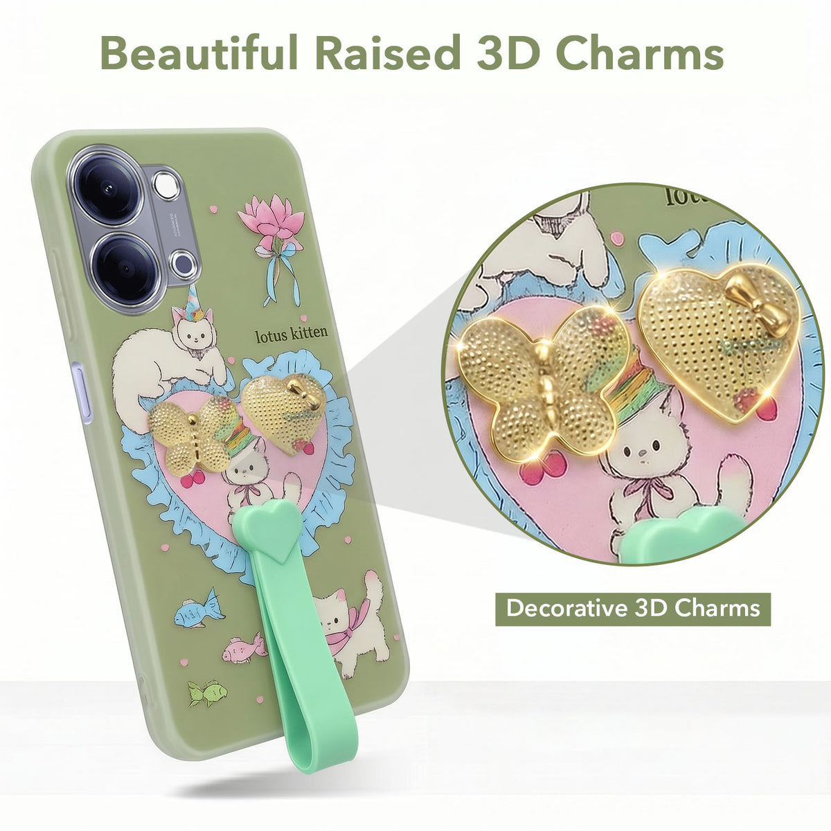 For Vivo Y05 (4G) | Vivo T5 Lite (5G) Back Cover Case (3D Cute Heart Strap Holder | Camera Protection | Designer Girls Print)