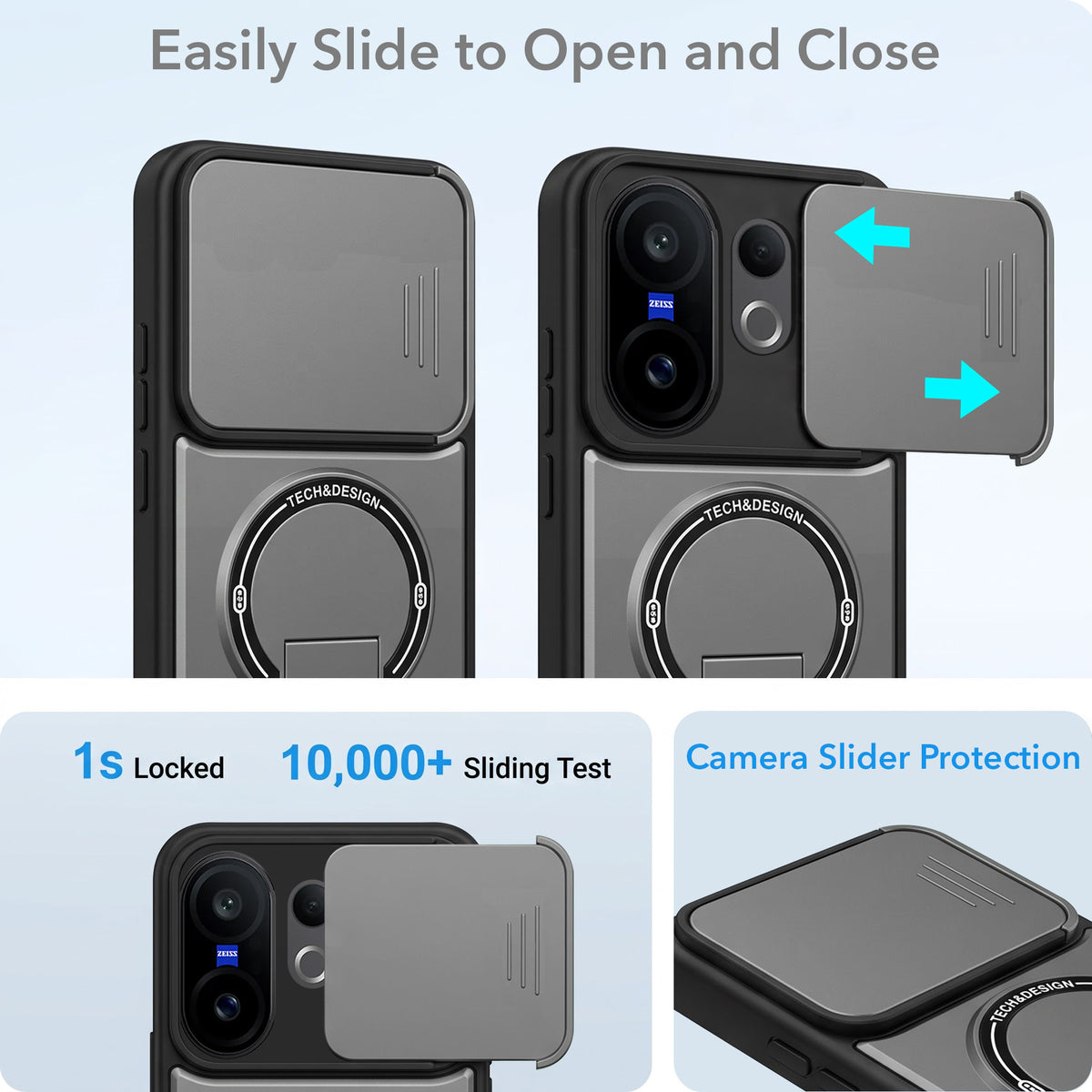 For Vivo X200 FE Back Case Cover Metallic (Hybrid Armor Kickstand | Sliding Shutter Camera Protection | MagSafe Compatible)