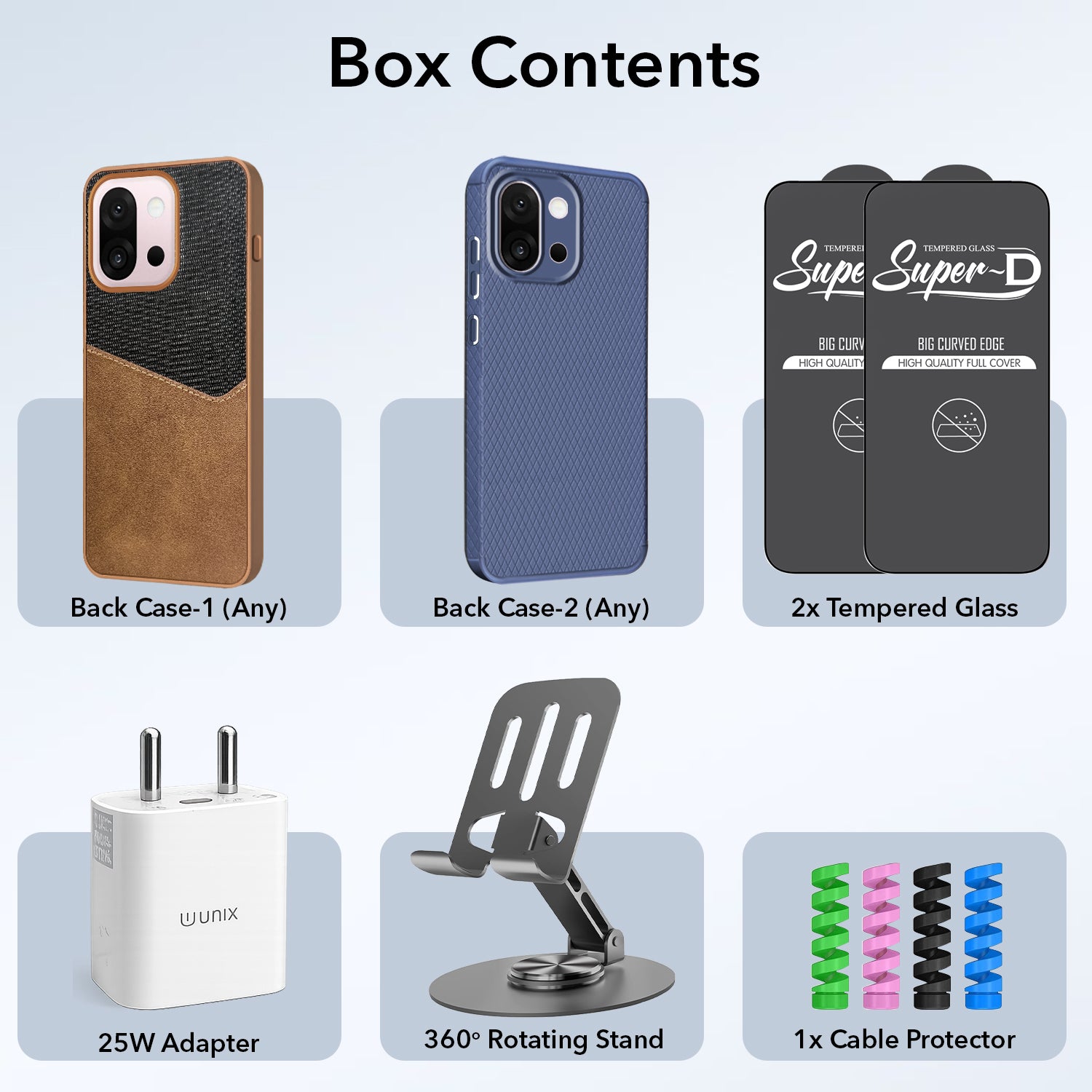 Complete Mobile Care Kit (Get Any 2 Cases+2 Tempered Glass+25W Charger Adapter+Metallic Mobile Stand+Cable Protector)