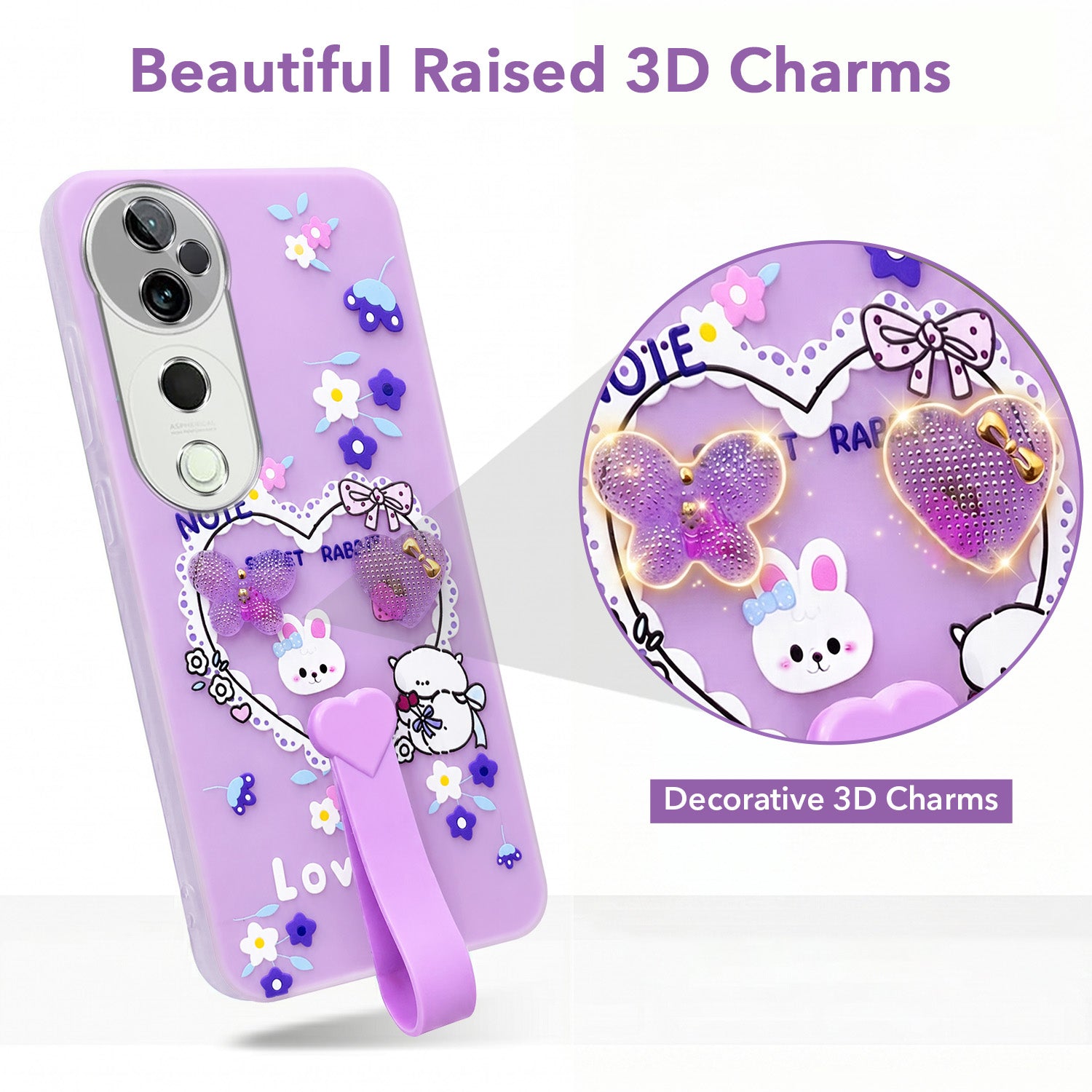 For Vivo T3 Ultra Back Cover Case (3D Cute Heart Strap Holder | Camera Protection | Designer Girls Print)