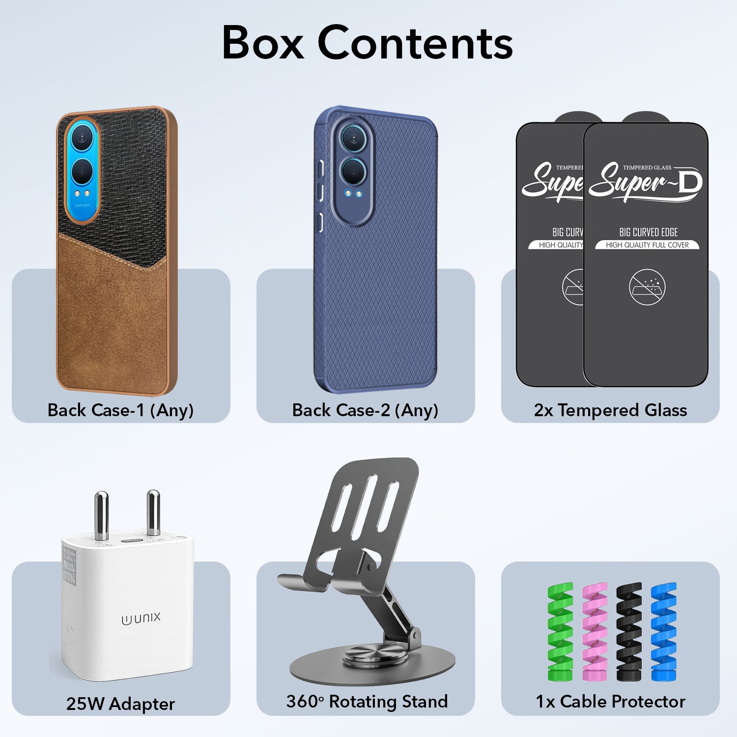 Complete Mobile Care Kit (Get Any 2 Cases+2 Tempered Glass+25W Charger Adapter+Metallic Mobile Stand+Cable Protector)