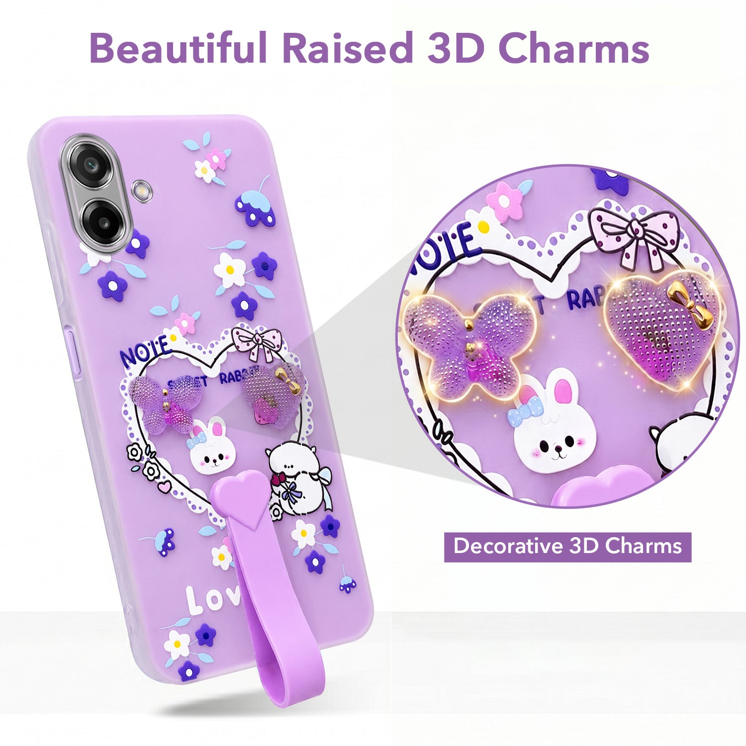 For Samsung Galaxy M17e Back Cover Case (3D Cute Heart Strap Holder | Camera Protection | Designer Girls Print)