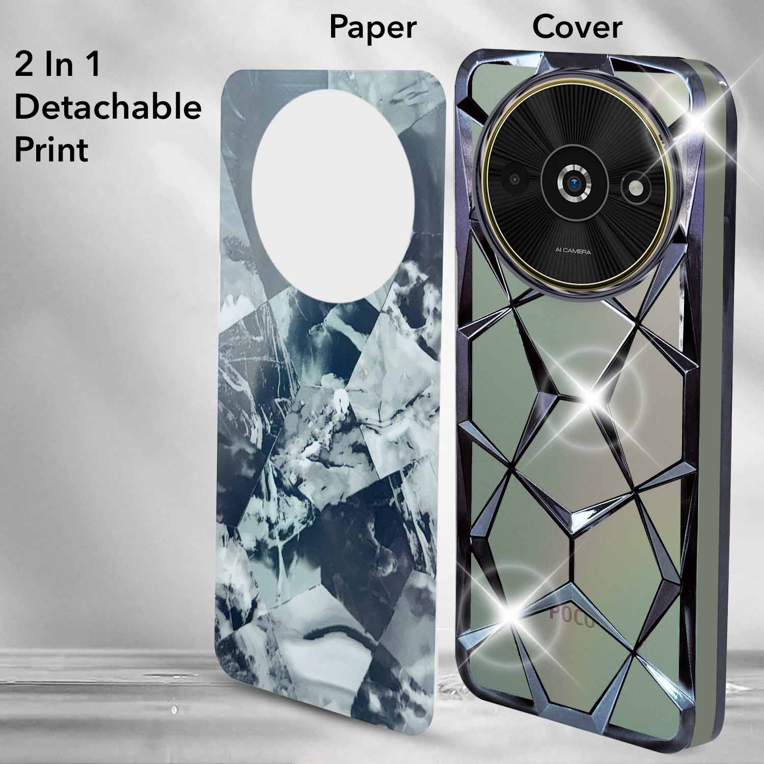 For Xiaomi Poco C61 Back Cover Case ( Dual Design Glitter Sparkle and Detachable Diamond Print Case | Soft and Flexible)