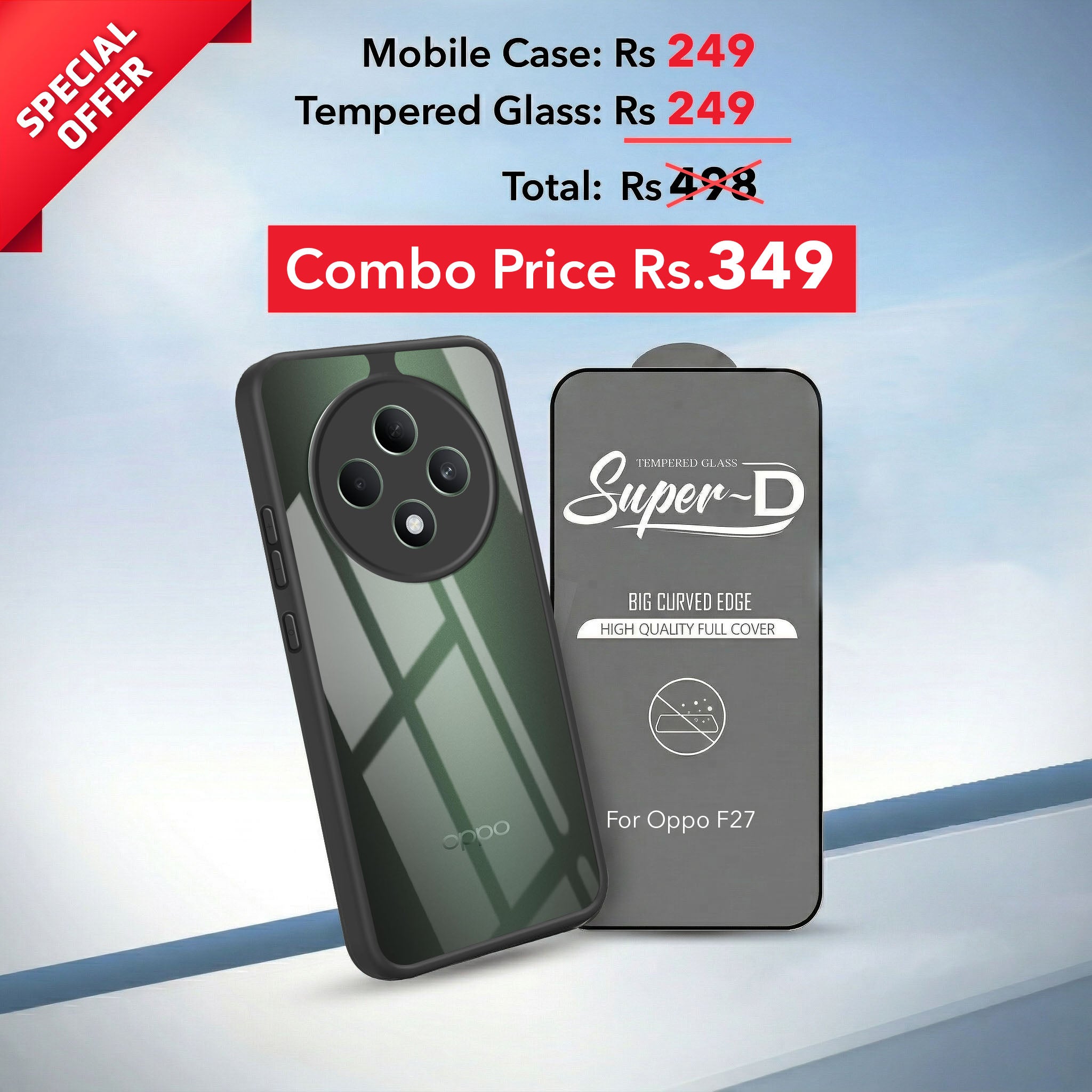 For Oppo F27 5G Combo with Back Cover and 9H Tempered Glass (Lifetime Anti-Yellow | Crystal Clear Shockproof | Oleophobic Coating Screen Glass)