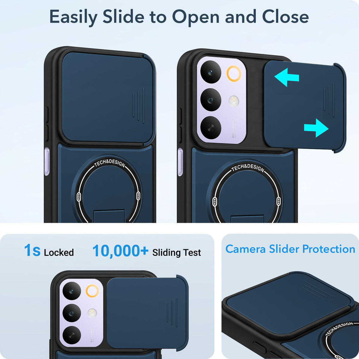 For Realme C85 5G | Realme Narzo 90x Back Case Cover Metallic (Hybrid Armor Kickstand | Sliding Shutter Camera Protection | MagSafe Compatible)