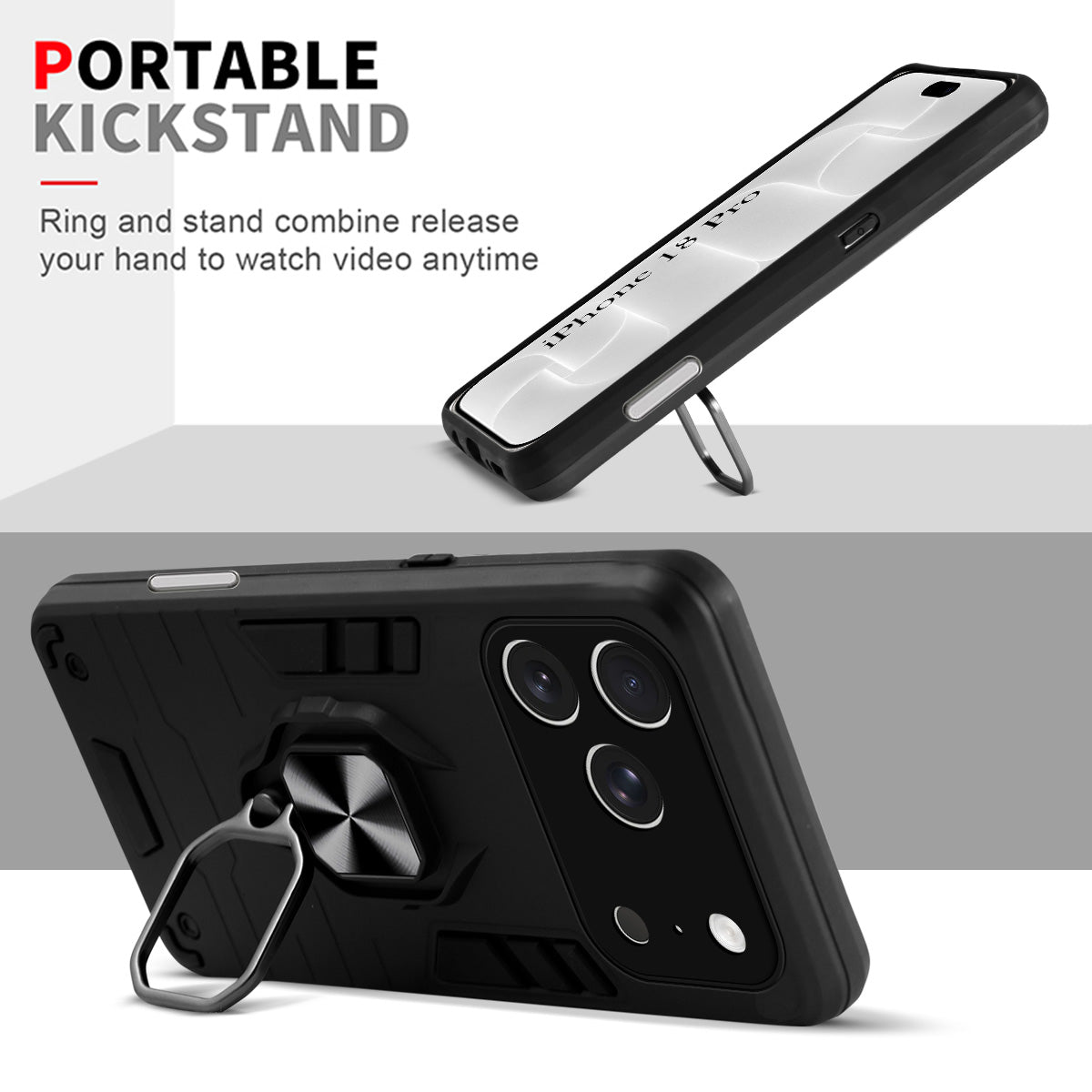For Apple iPhone 18 Pro Back Cover Case Hybrid Armor (Shockproof Dual Layer Polycarbonate |Ring Holder Kickstand)