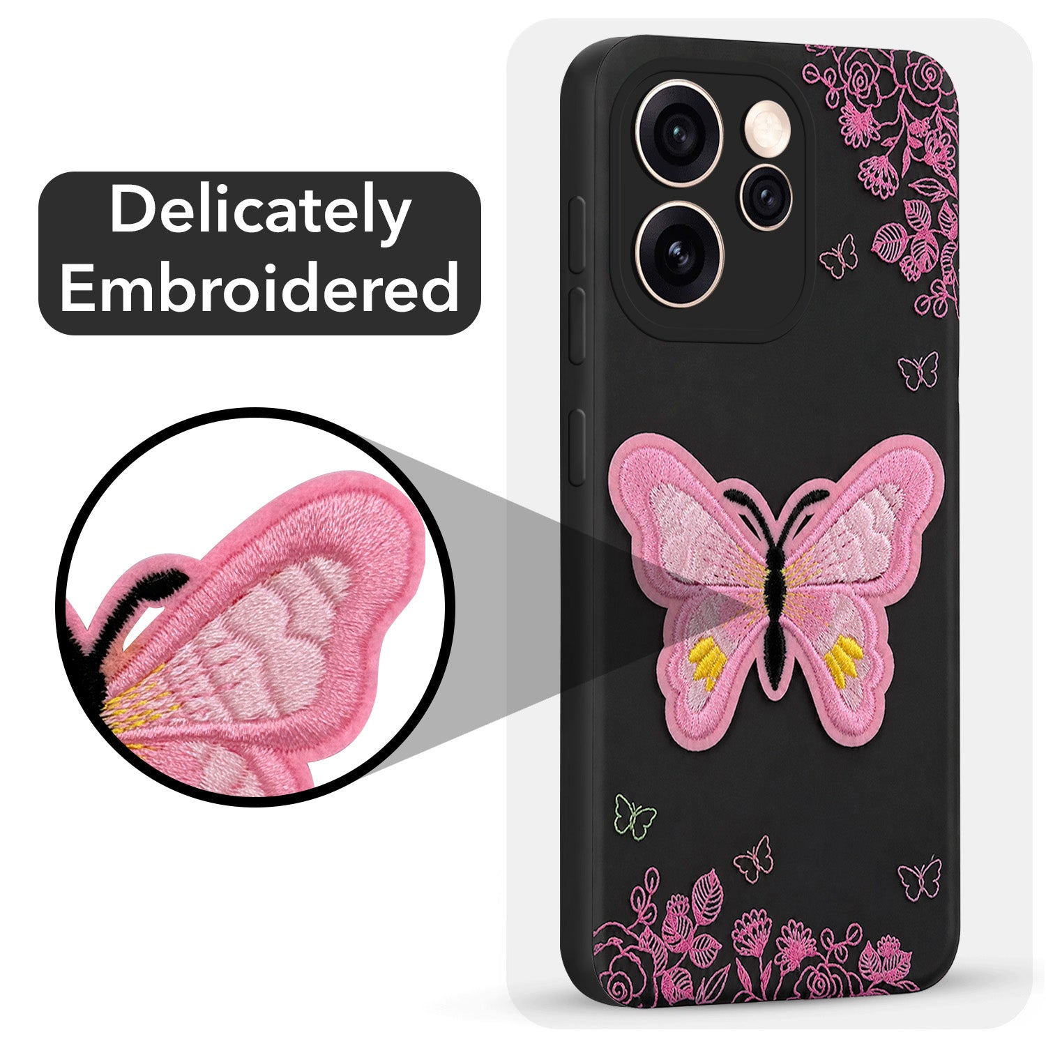 For Oppo Reno15 Pro 5G | Oppo Reno 15 Pro 5G Back Cover Case (Soft Butterfly Embroidery | Women Teen Girls | Camera Protection| Matte Silicone)