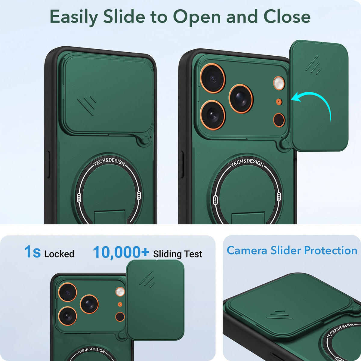 For Apple iPhone 17 Pro Max Back Case Cover Metallic (Hybrid Armor Kickstand | Sliding Shutter Camera Protection | MagSafe Compatible)