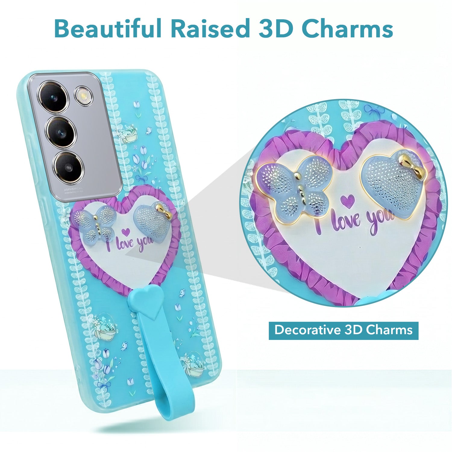For Vivo T3 5G Back Cover Case (3D Cute Heart Strap Holder | Camera Protection | Designer Girls Print)