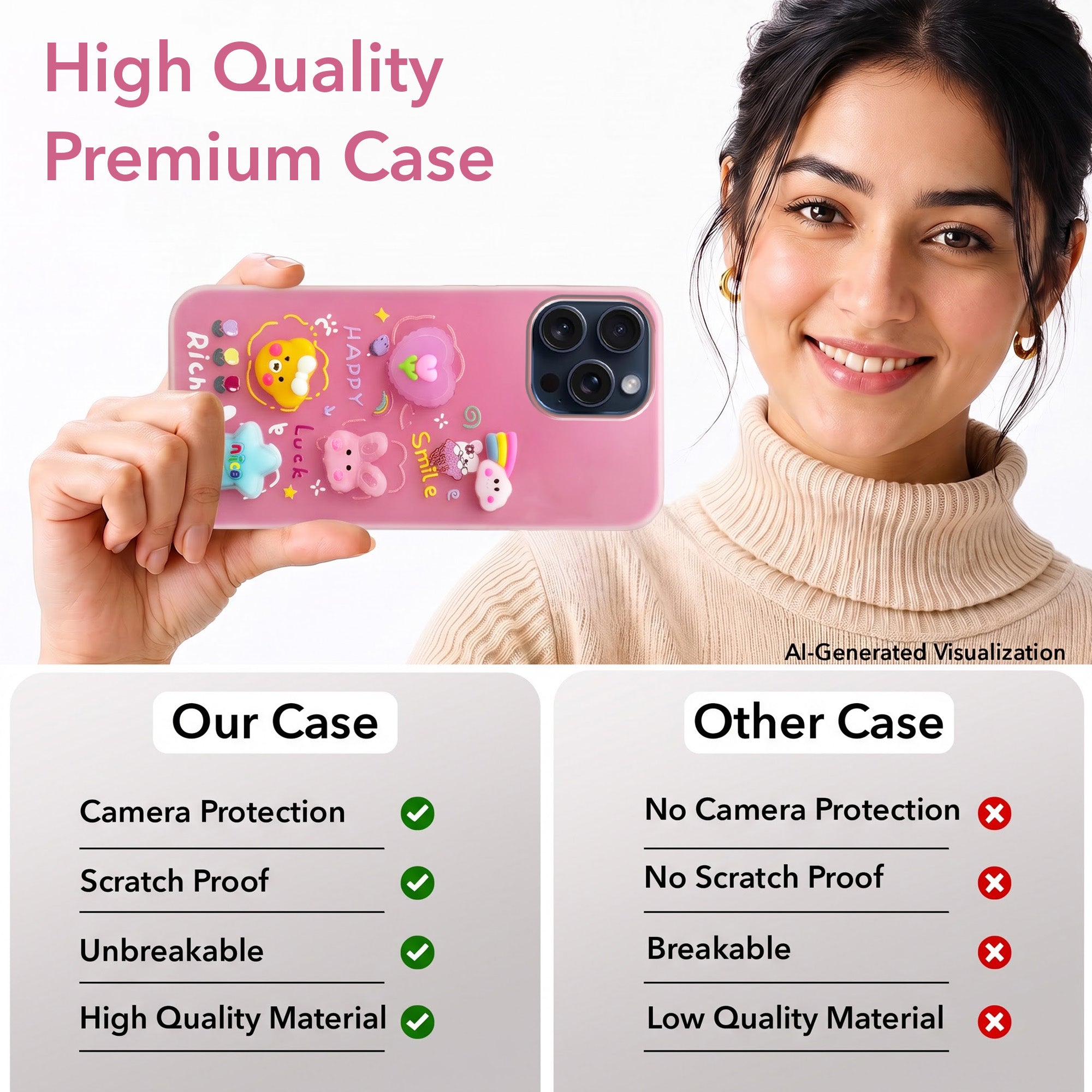 For Apple iPhone 15 Pro Max Back Cover Case (3D Cute Cartoons | Hard Back Side Soft | Matte Premium Finish | HD Printing)