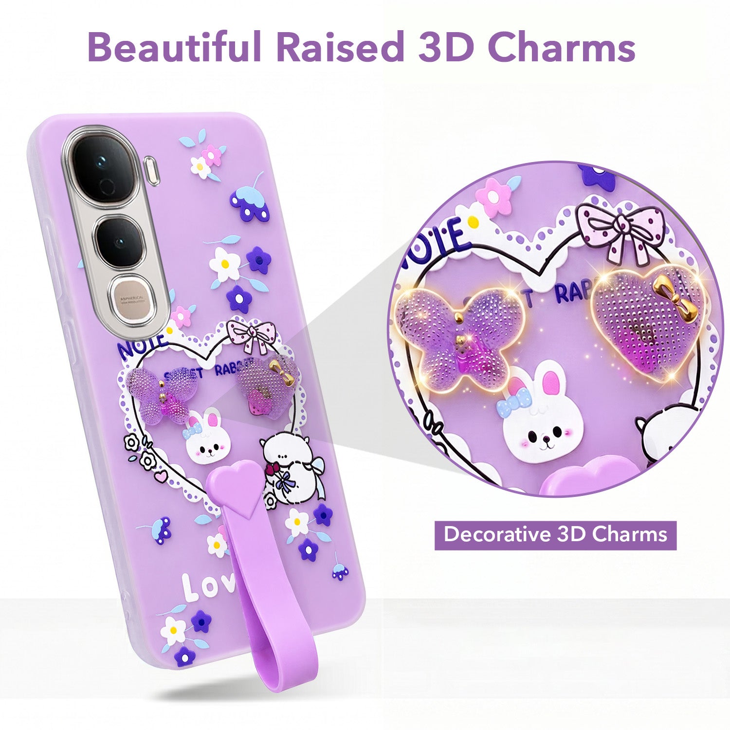 For Vivo Y400 Pro Back Cover Case (3D Cute Heart Strap Holder | Camera Protection | Designer Girls Print)