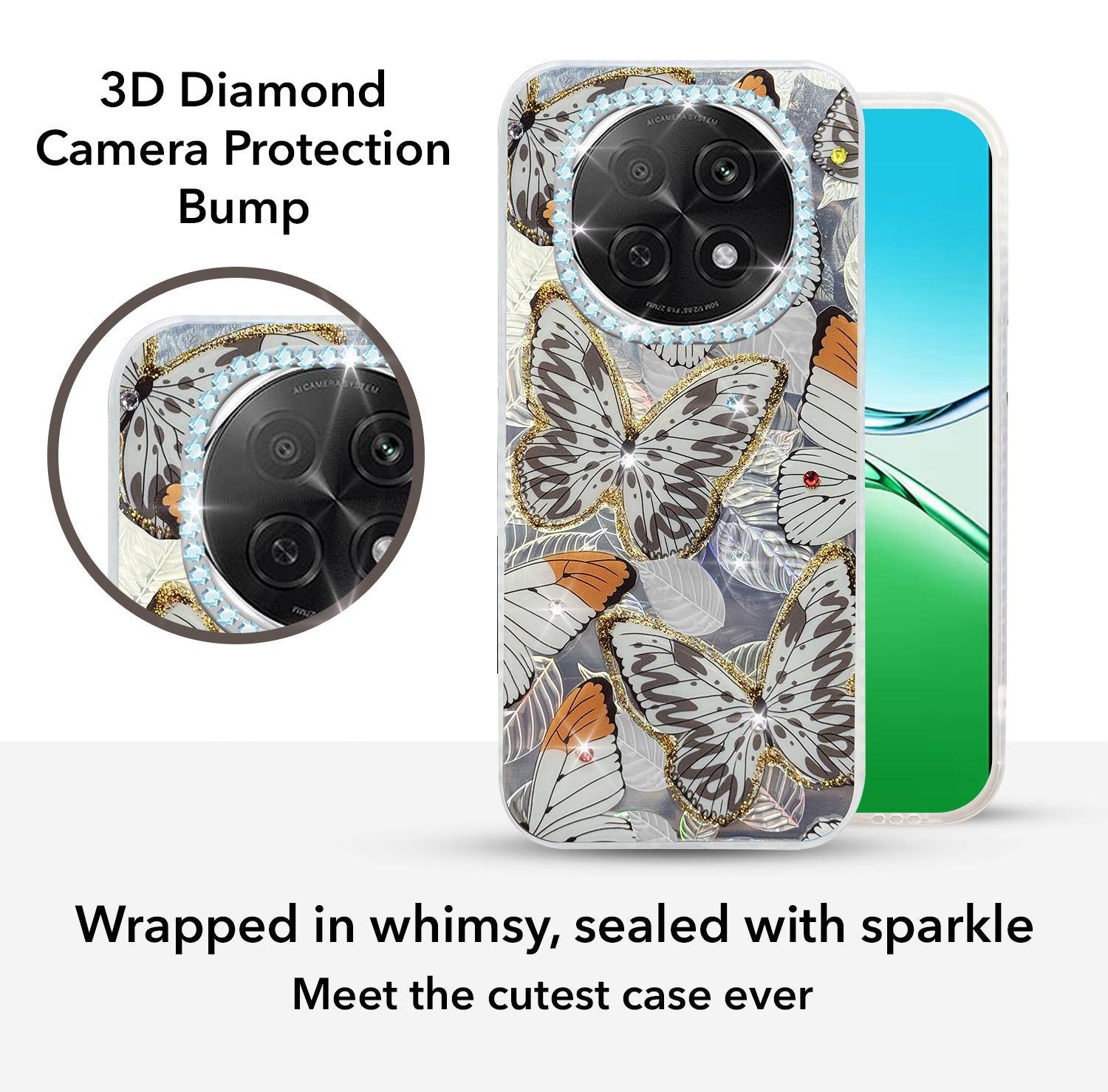 For Oppo F29 Pro Back Cover Case  (Luxury Floral Glitter Cute Butterfly | Diamond Studded Camera Bump | Girls & Women Design)