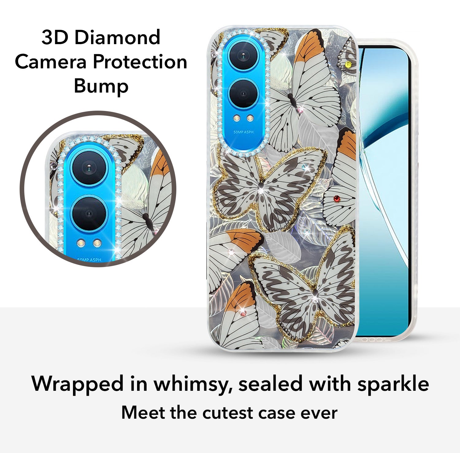 For OnePlus Nord CE 4 Lite Back Cover Case (Luxury Floral Glitter Cute Butterfly | Diamond Studded Camera Bump | Girls & Women Design)