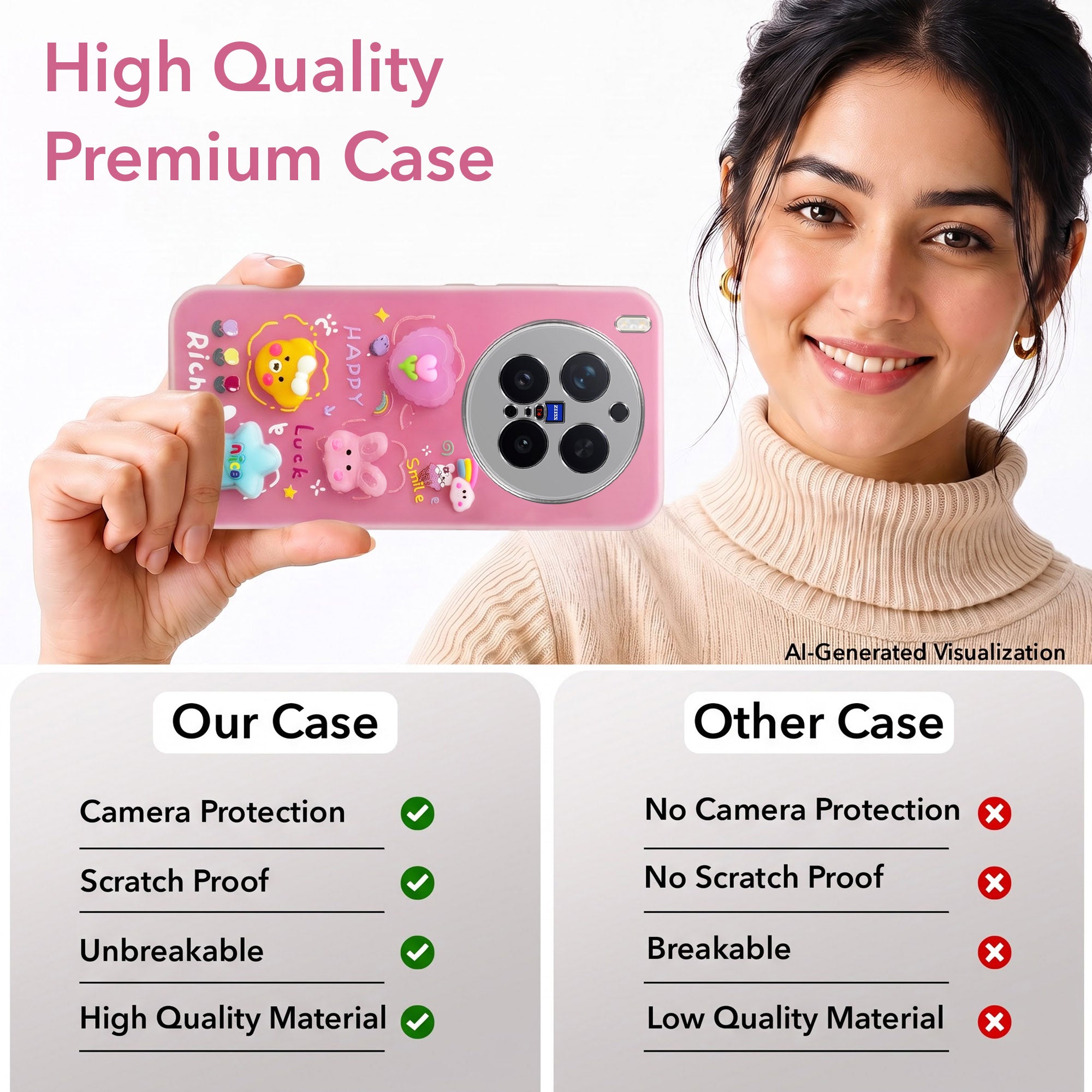 For Vivo X300 Pro Back Cover Case (3D Cute Cartoons | Hard Back Side Soft | Matte Premium Finish | HD Printing)