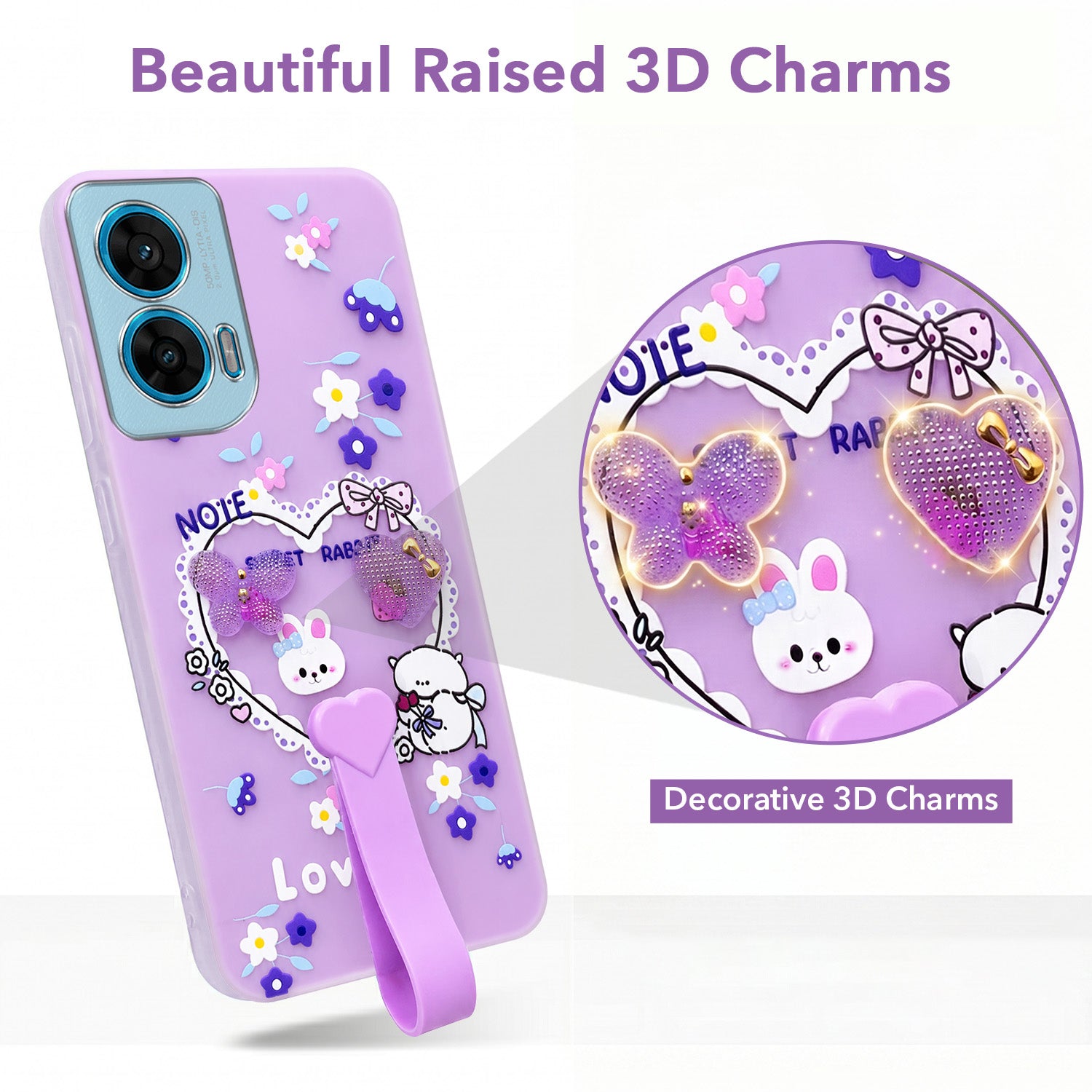 For Motorola Moto G96 Back Cover Case (3D Cute Heart Strap Holder | Camera Protection | Designer Girls Print)