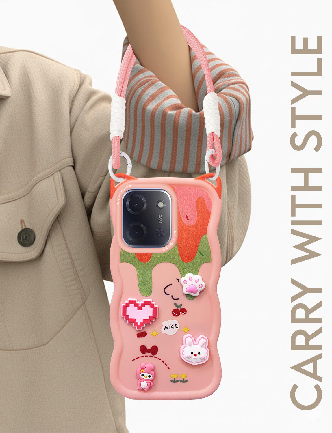 For Poco C85 5G Back Case Cover Strap (3D Embossed Figures | Strap Holder | 360* Soft Cushion with Camera Bump)