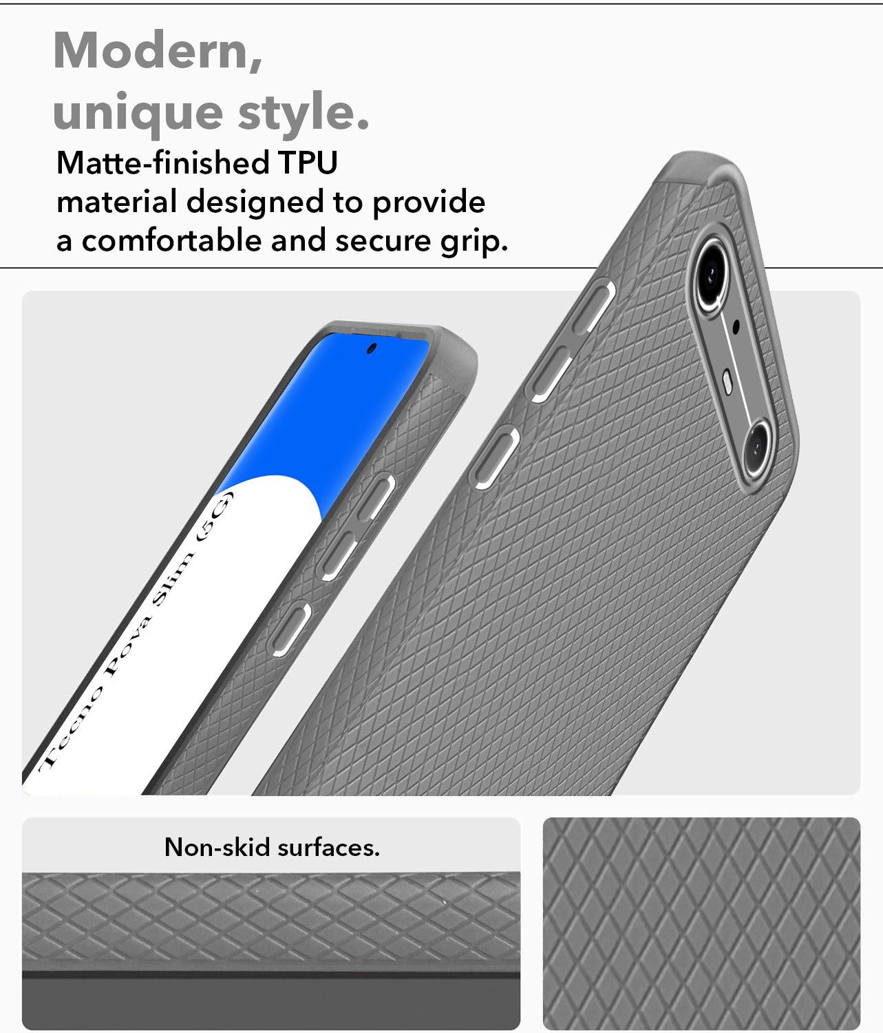 For Tecno Pova Slim Back Cover Case Liquid Silicone (Camera Protection | Side Grip Texture | Soft and Flexible)