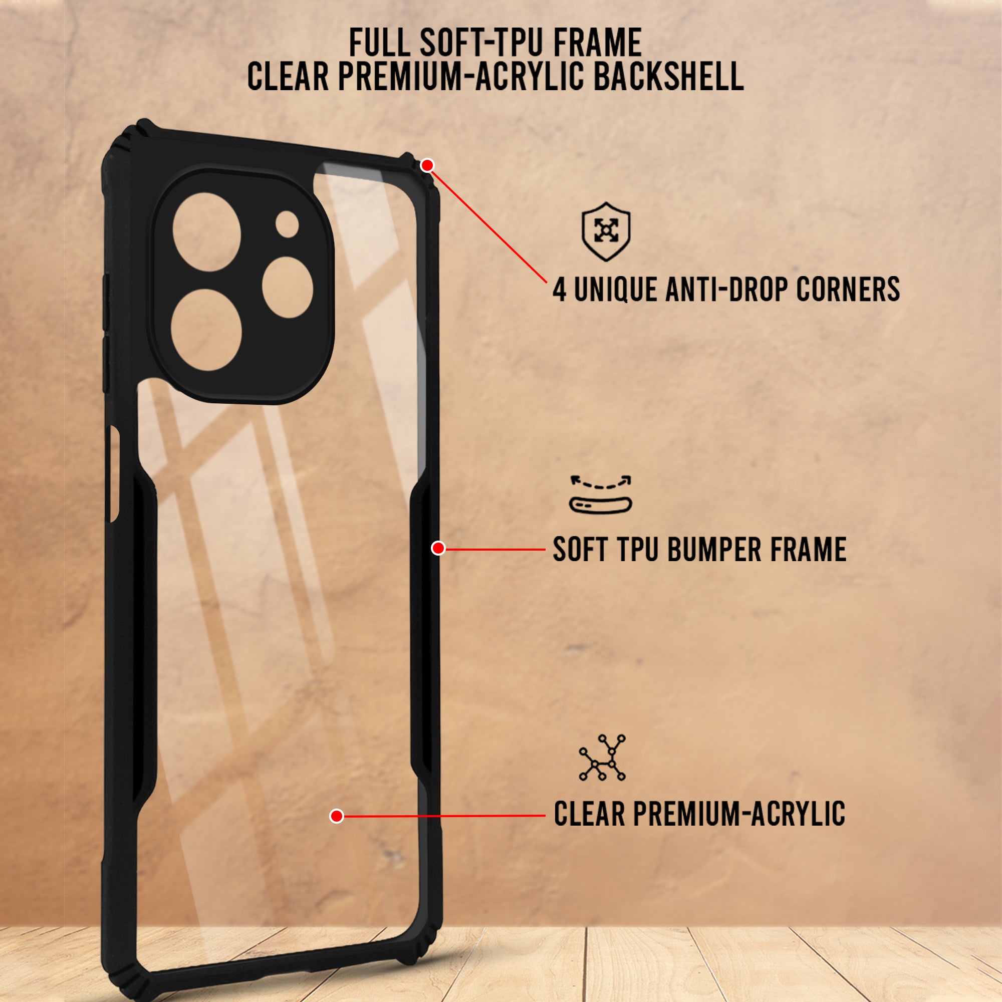 For Tecno Pop 9 5G | Tecno Spark 30C 5G Back Cover Case Hybrid (Shockproof with Polycarbonate Clear Panel | Professional Black)
