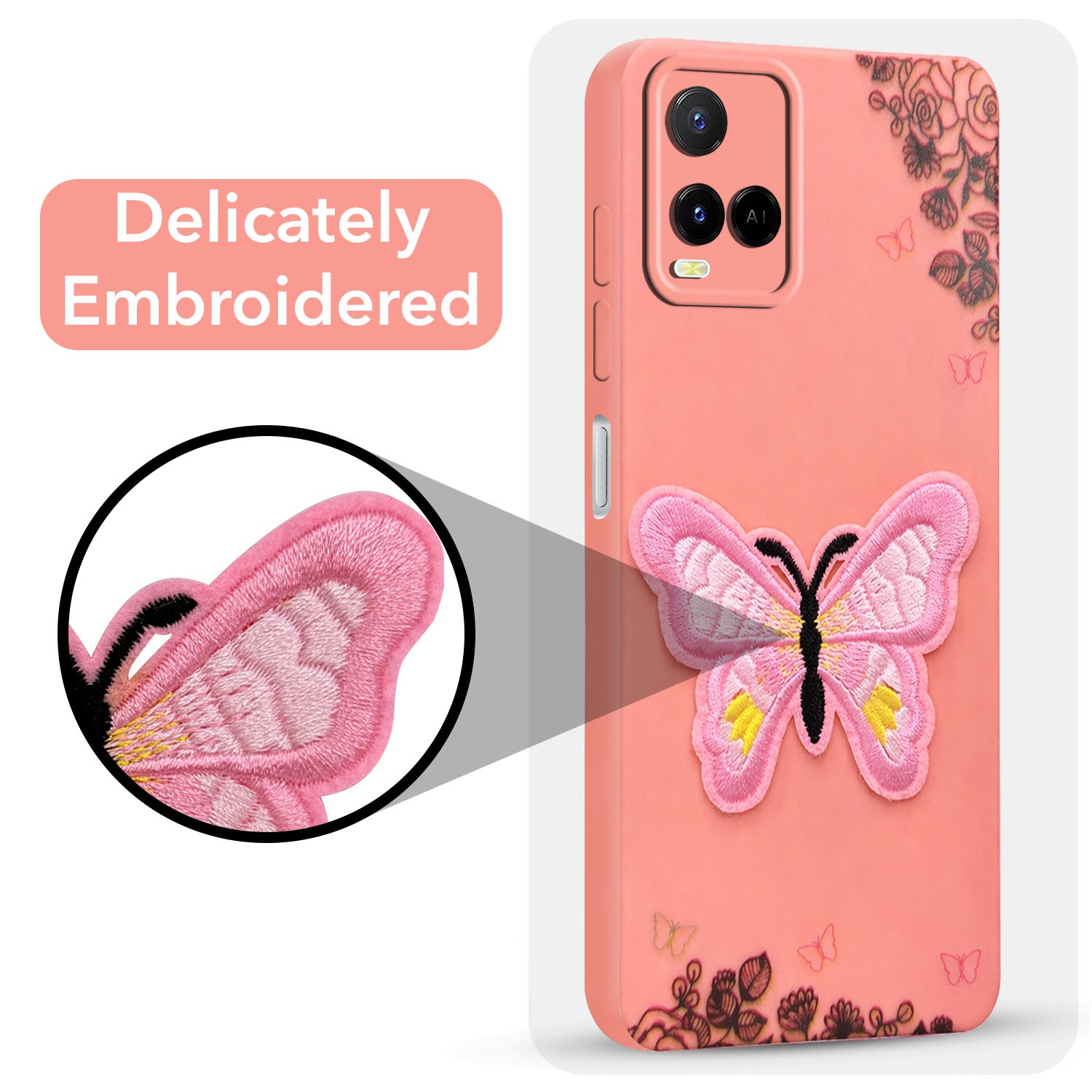 For Vivo Y21e | Vivo Y21A | Vivo Y32 Back Cover Case (Soft Butterfly Embroidery | Women Teen Girls | Camera Protection| Matte Silicone)