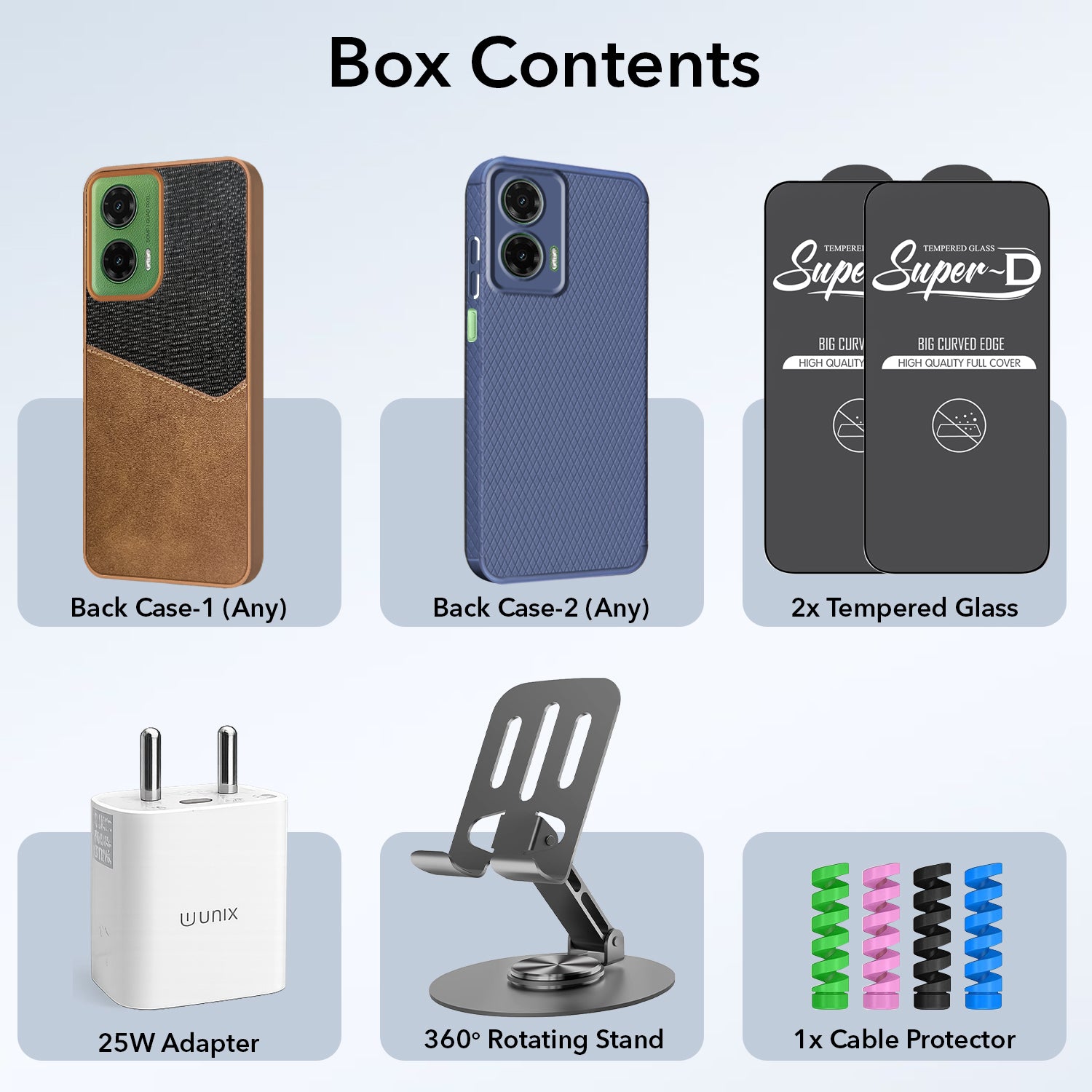 Complete Mobile Care Kit (Get Any 2 Cases+2 Tempered Glass+25W Charger Adapter+Metallic Mobile Stand+Cable Protector)