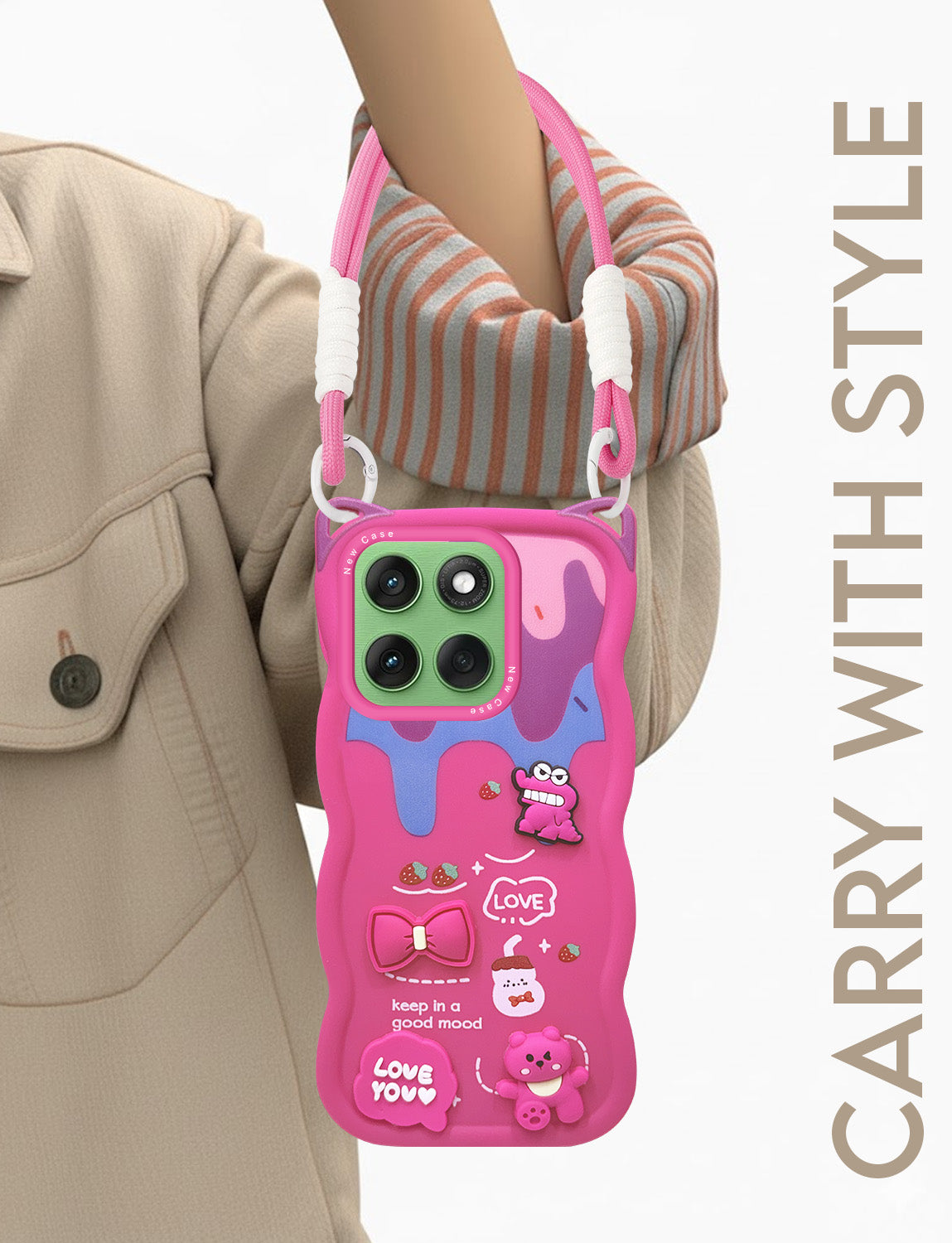 For Motorola Moto Edge 60 Back Case Cover Strap (3D embossed Figures | Strap Holder | 360* Soft Cushion with Camera Bump)