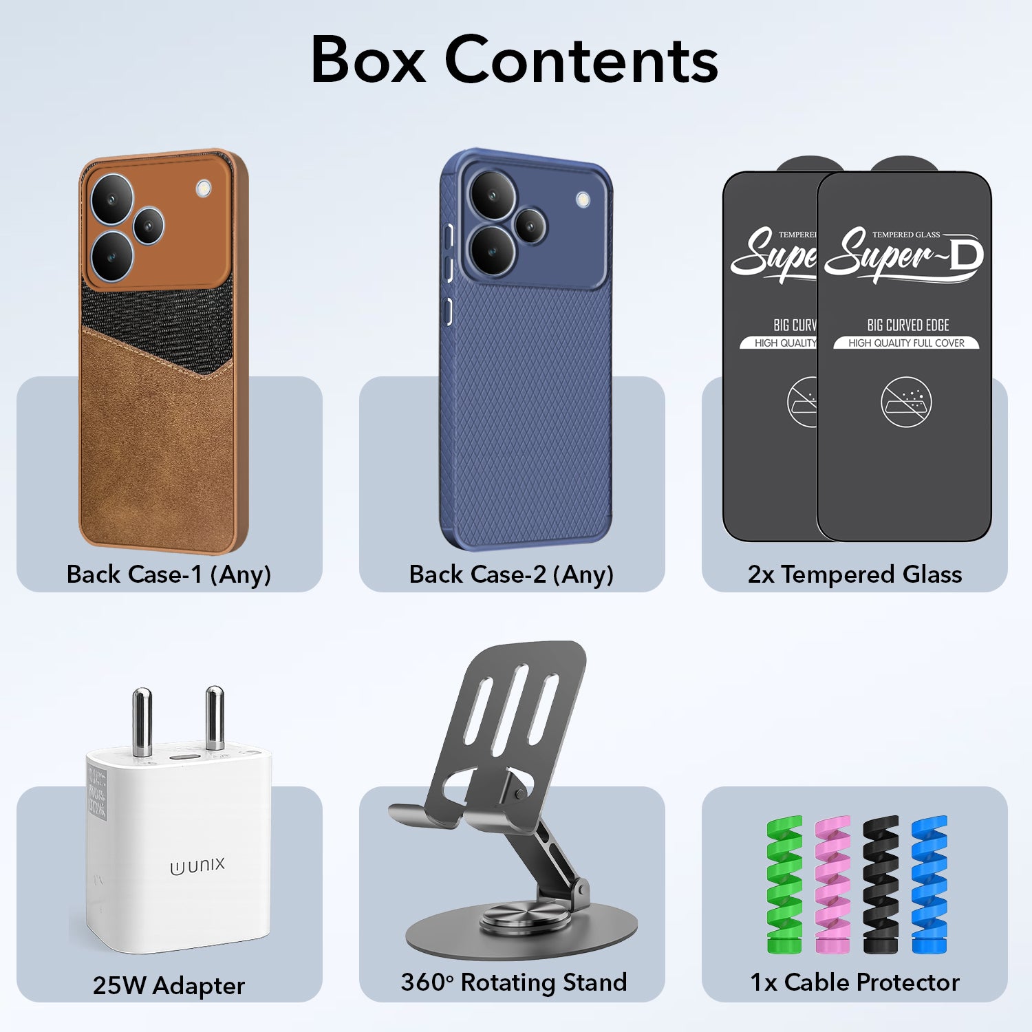 Complete Mobile Care Kit (Get Any 2 Cases+2 Tempered Glass+25W Charger Adapter+Metallic Mobile Stand+Cable Protector)