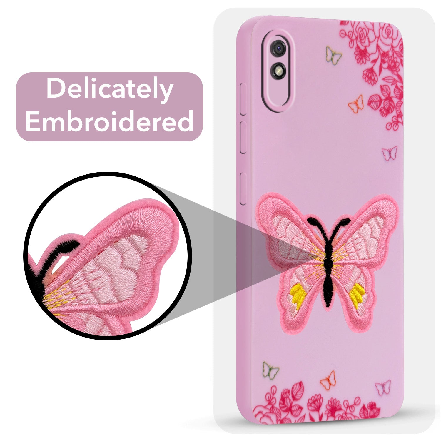 For Xiaomi Mi Redmi 9A | Redmi 9i Back Cover Case (Soft Butterfly Embroidery | Women Teen Girls | Camera Protection| Matte Silicone)