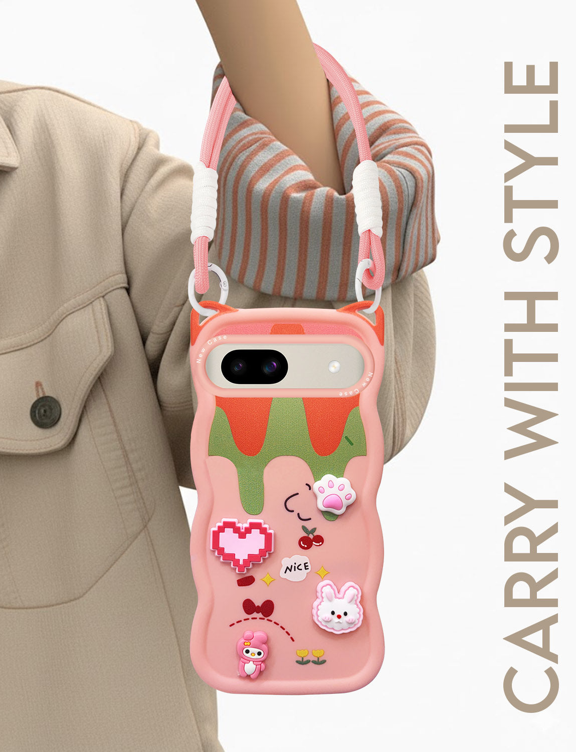 For Google Pixel 8a Back Case Cover Strap (3D Embossed Figures | Strap Holder | 360* Soft Cushion with Camera Bump)