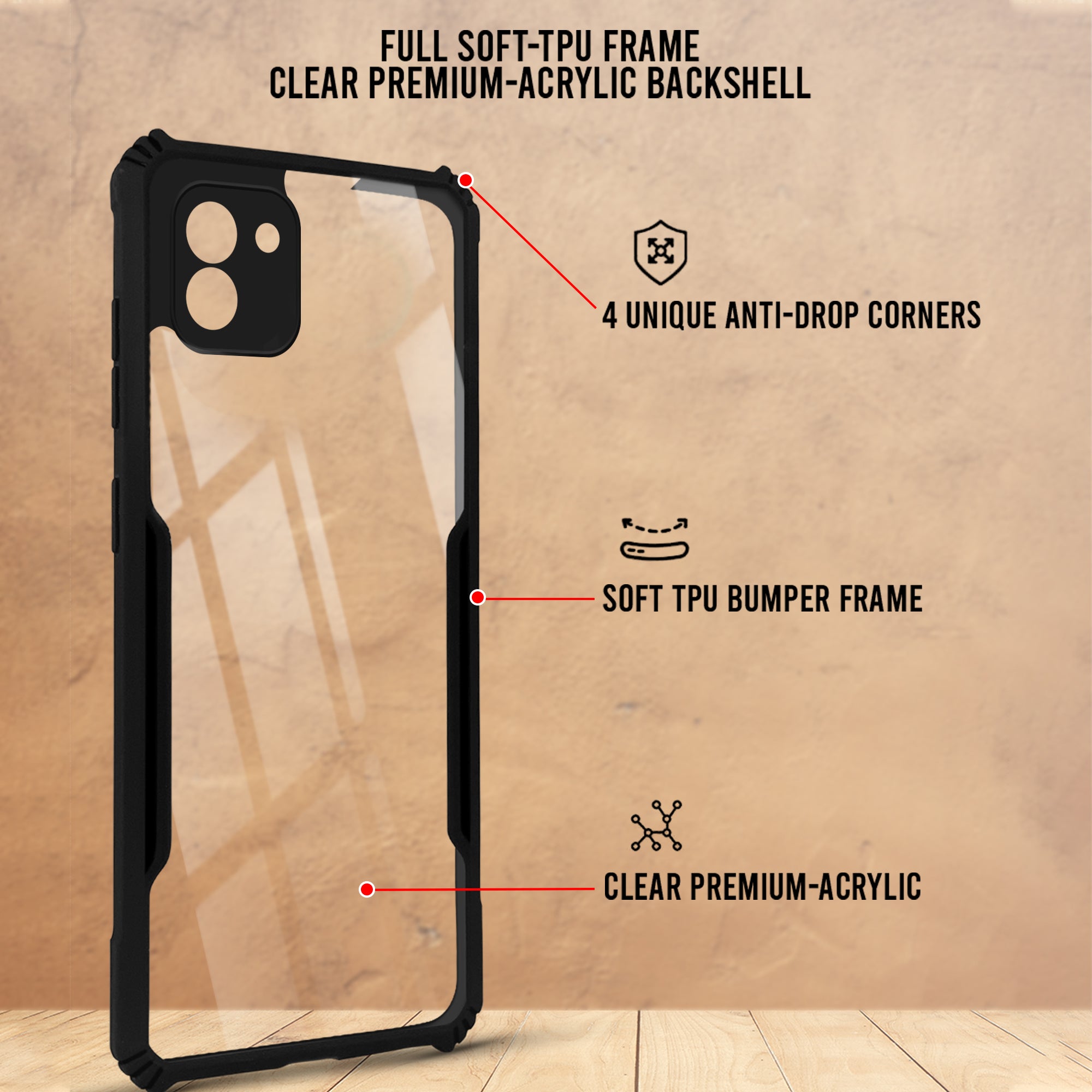 For Samsung Galaxy A03 Back Cover Case Hybrid (Shockproof with Polycarbonate Clear Panel | Professional Black)