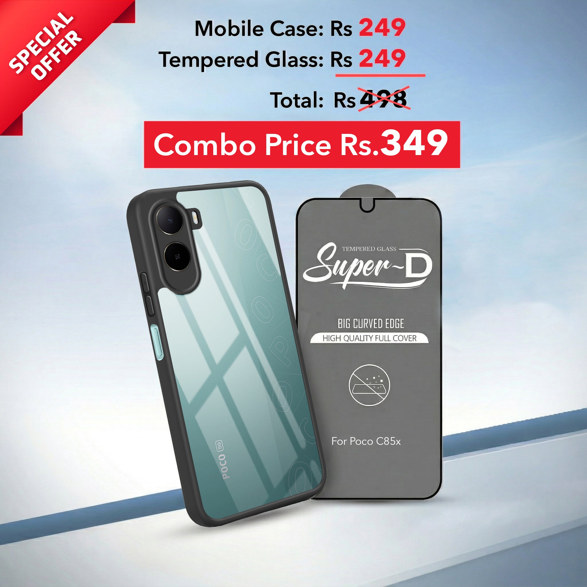 For Poco C85x 5G Combo with Back Cover and 9H Tempered Glass (Lifetime Anti-Yellow | Crystal Clear Shockproof | Oleophobic Coating Screen Glass)