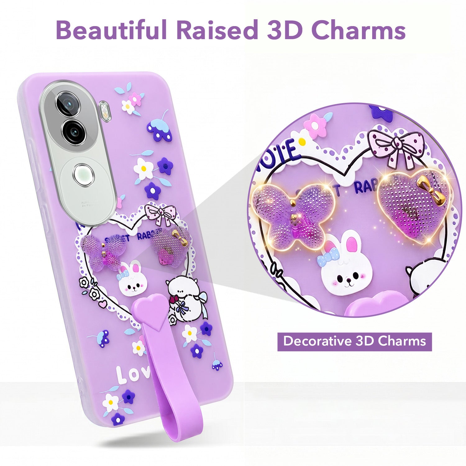 For Vivo iQOO Z9s Back Cover Case (3D Cute Heart Strap Holder | Camera Protection | Designer Girls Print)