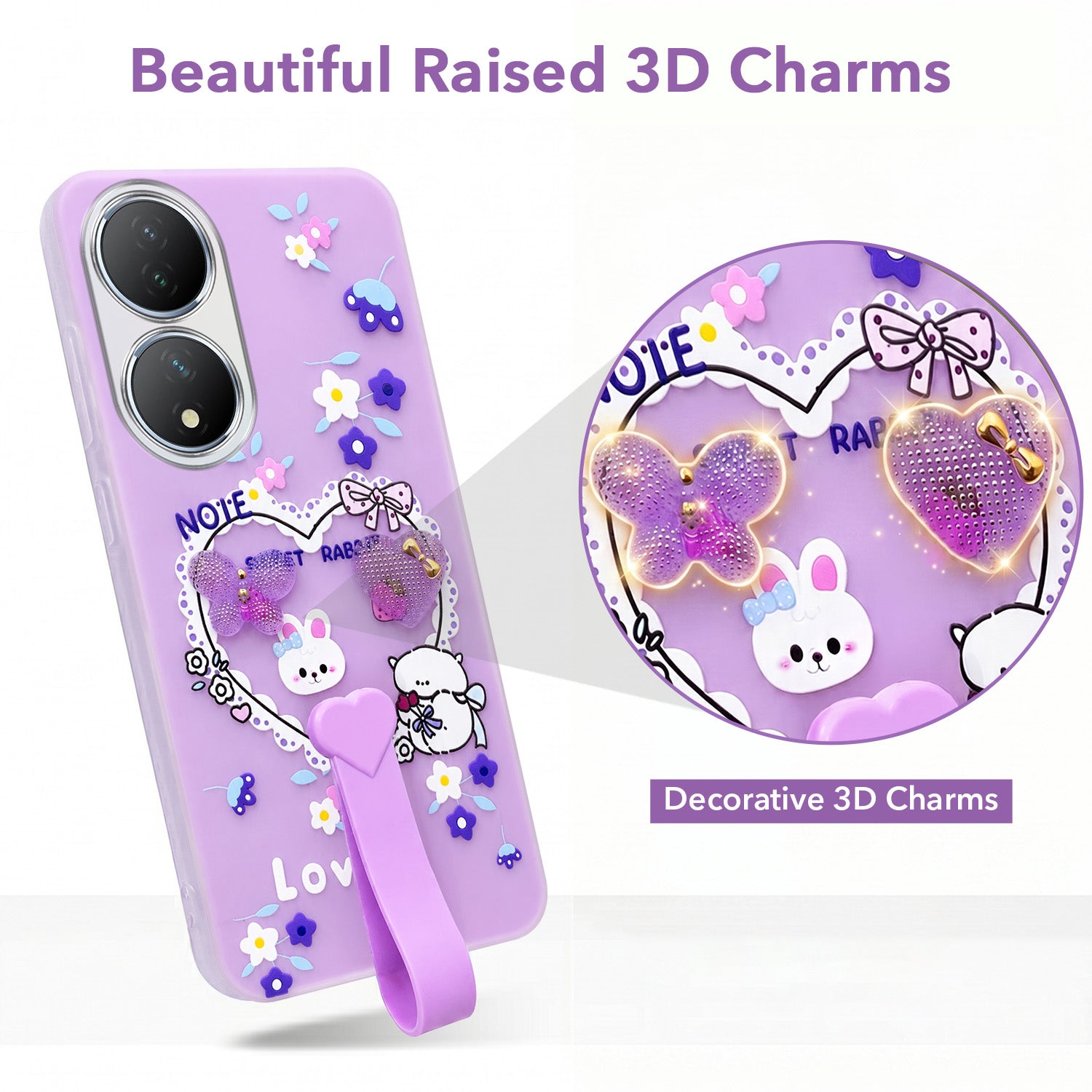 For Vivo Y100 Back Cover Case (3D Cute Heart Strap Holder | Camera Protection | Designer Girls Print)