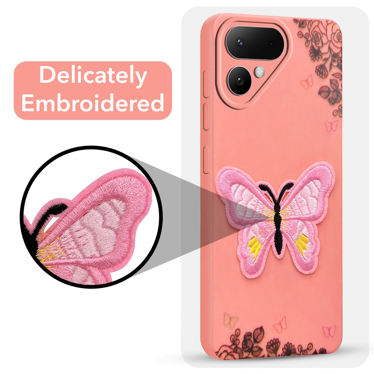 For Tecno Pova Curve 2 Back Cover Case (Soft Butterfly Embroidery | Women Teen Girls | Camera Protection| Matte Silicone)