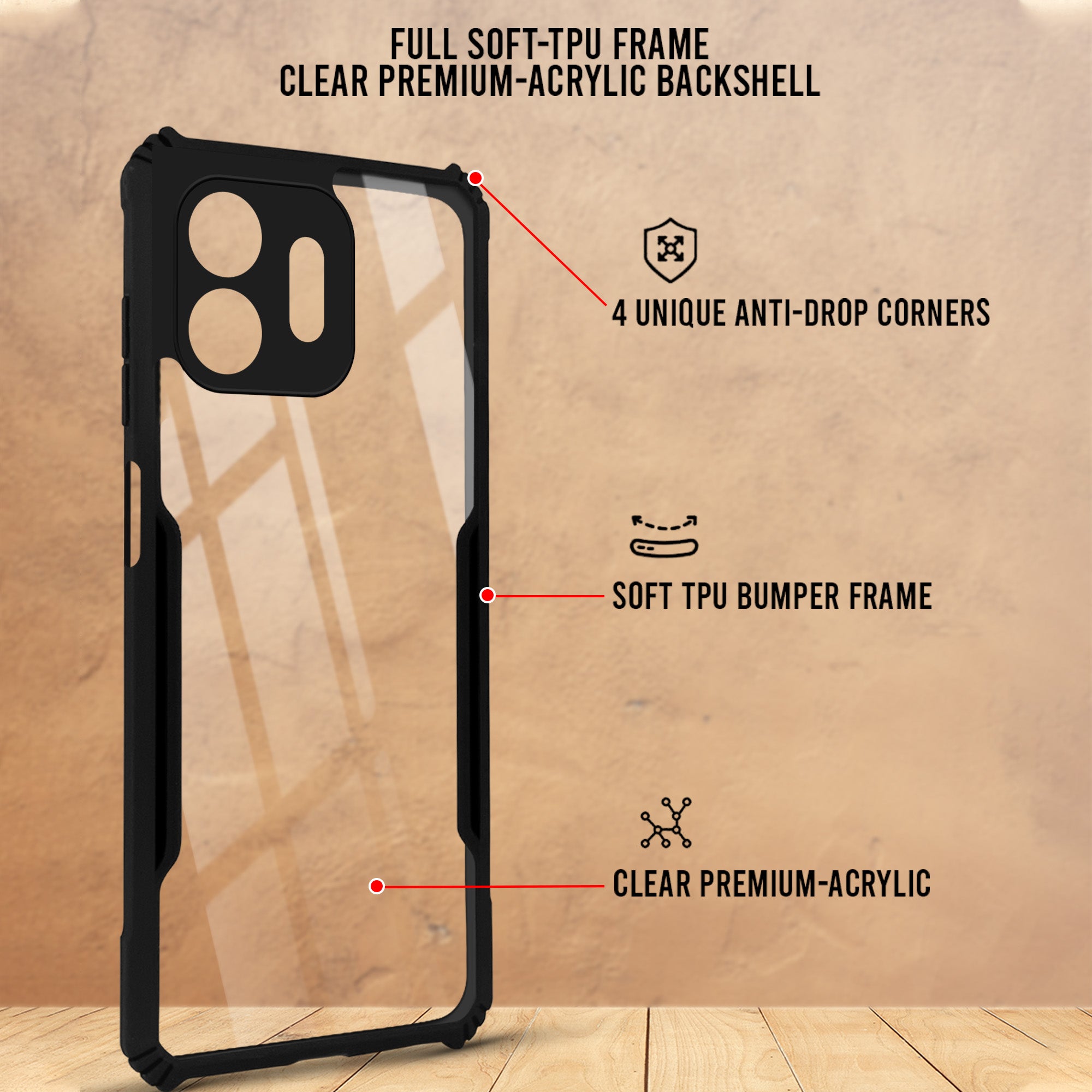 For OnePlus N6 Back Cover Case Hybrid (Shockproof with Polycarbonate Clear Panel | Professional Black)