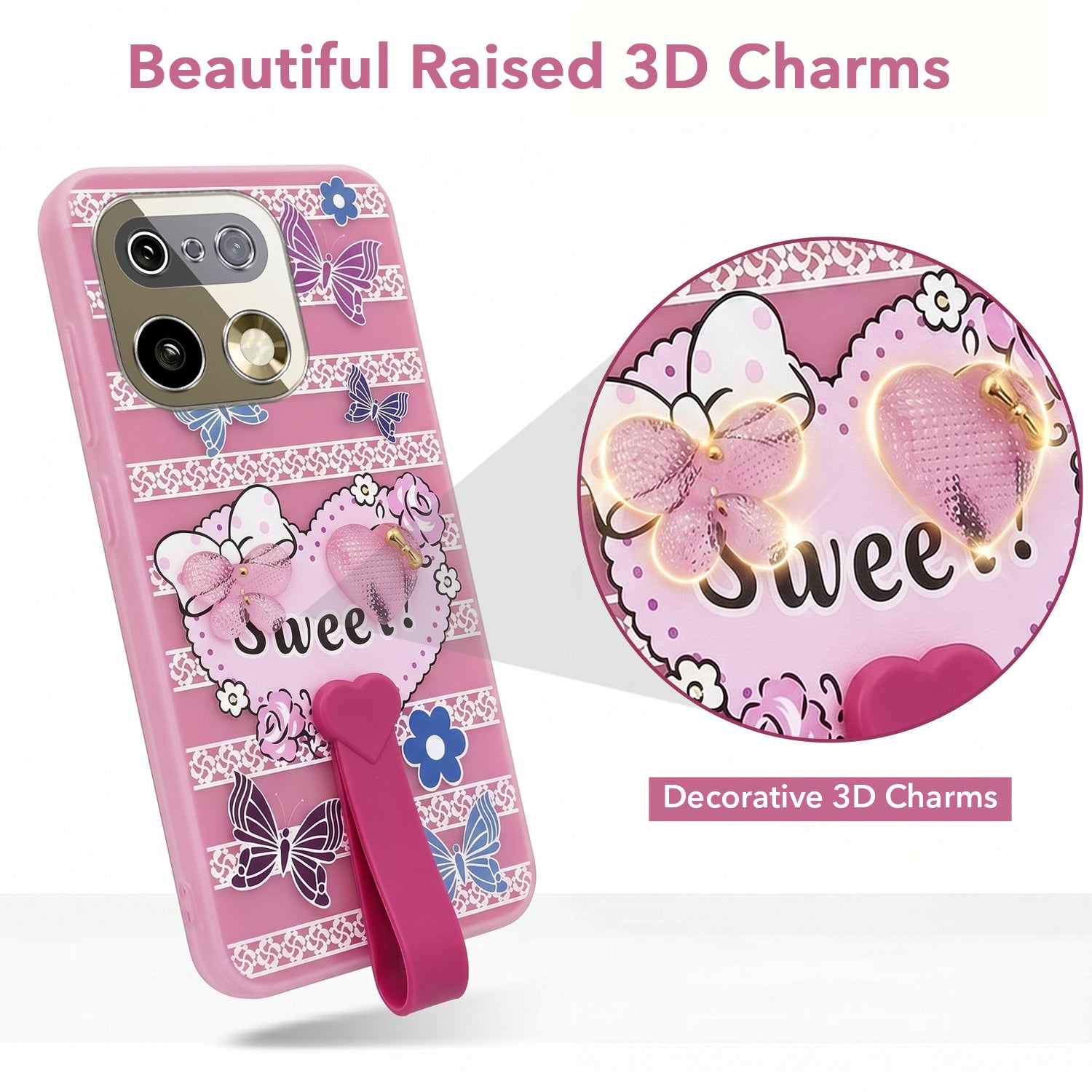 For Realme 16 Pro Plus 5G Back Cover Case (3D Cute Heart Strap Holder | Camera Protection | Designer Girls Print)