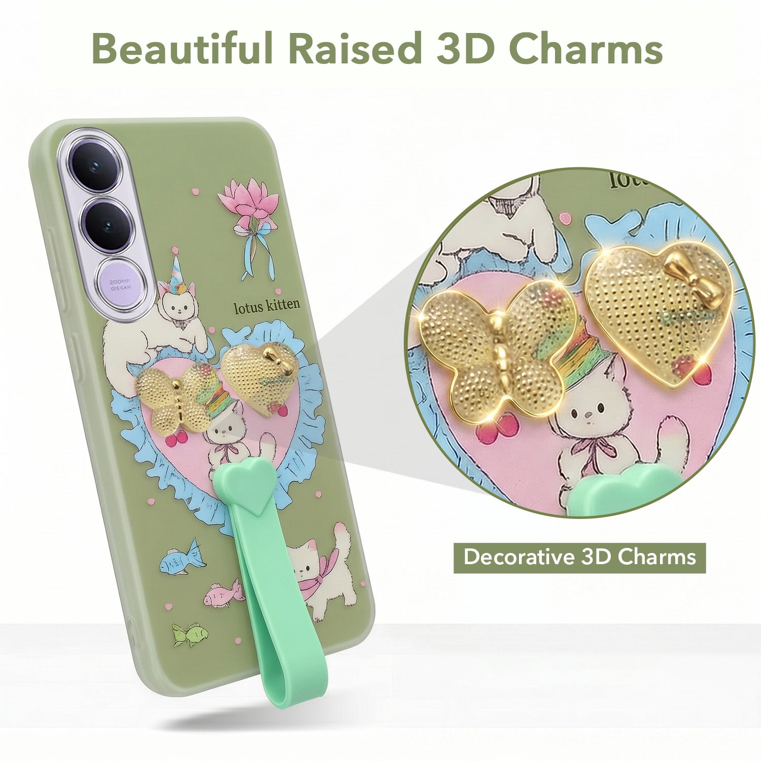 For Vivo V70 FE 5G Back Cover Case (3D Cute Heart Strap Holder | Camera Protection | Designer Girls Print)