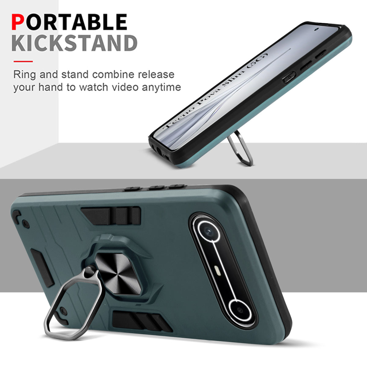 For Tecno Pova Slim Back Cover Case Hybrid Armor (Shockproof Dual Layer Polycarbonate |Ring Holder Kickstand)