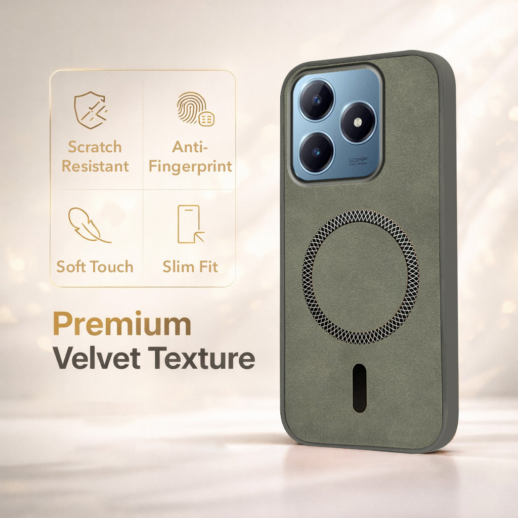 For Realme Narzo N63 Back Cover Case Leather Finish (MagSafe Compatible Wireless Charging | Soft Touch | Camera Bump Protection)
