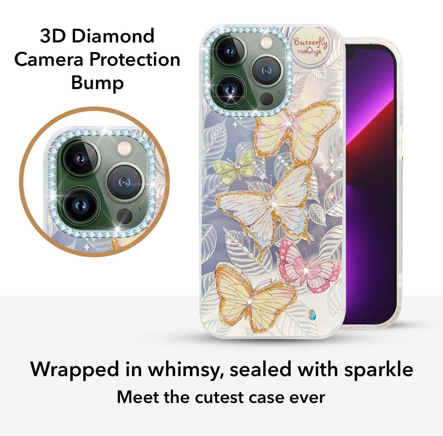 For Apple iPhone 13 Pro Back Cover Case (Luxury Floral Glitter Cute Butterfly | Diamond Studded Camera Bump | Girls & Women Design)