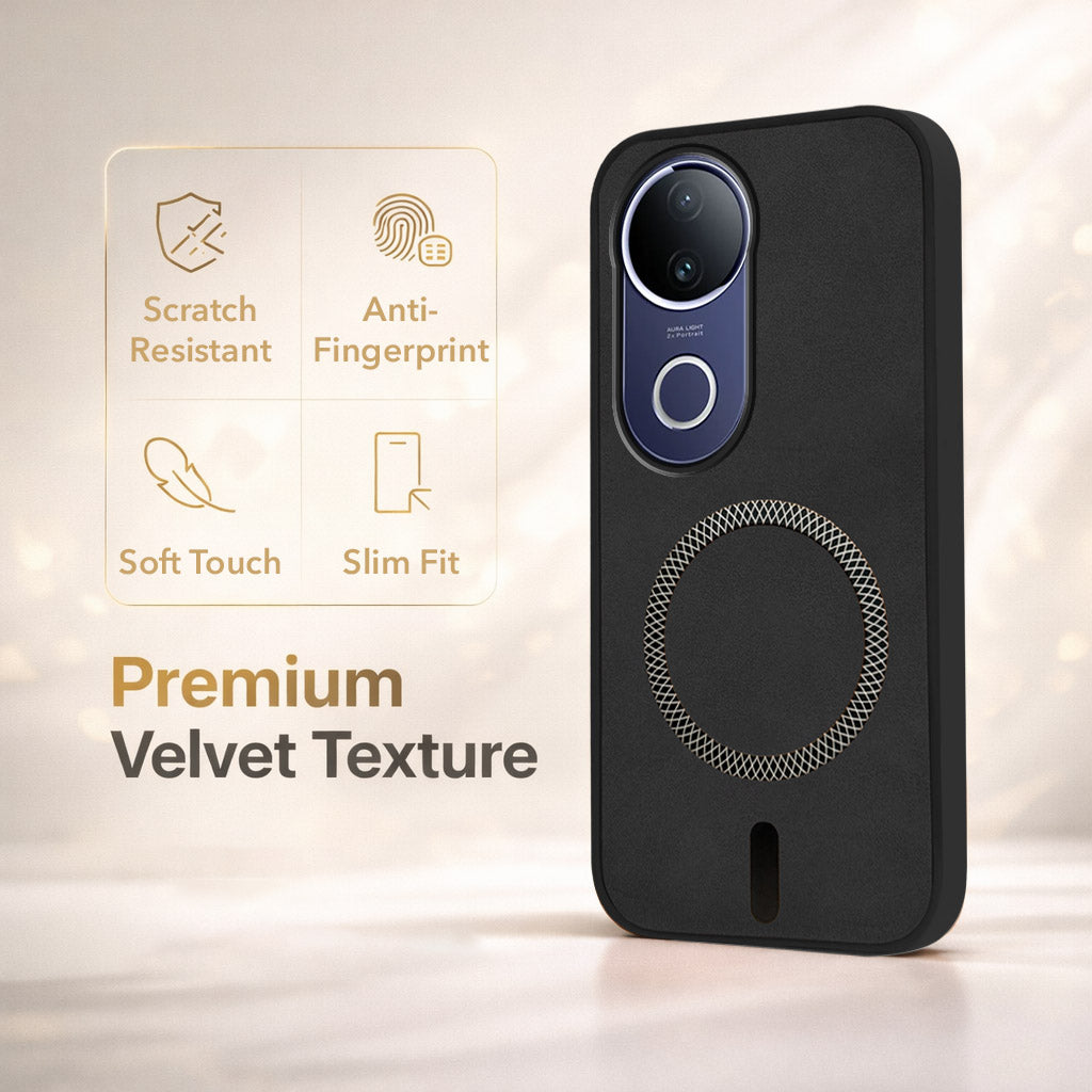 For Vivo T4R Back Cover Case Leather Finish (MagSafe Compatible Wireless Charging | Soft Touch | Camera Bump Protection)