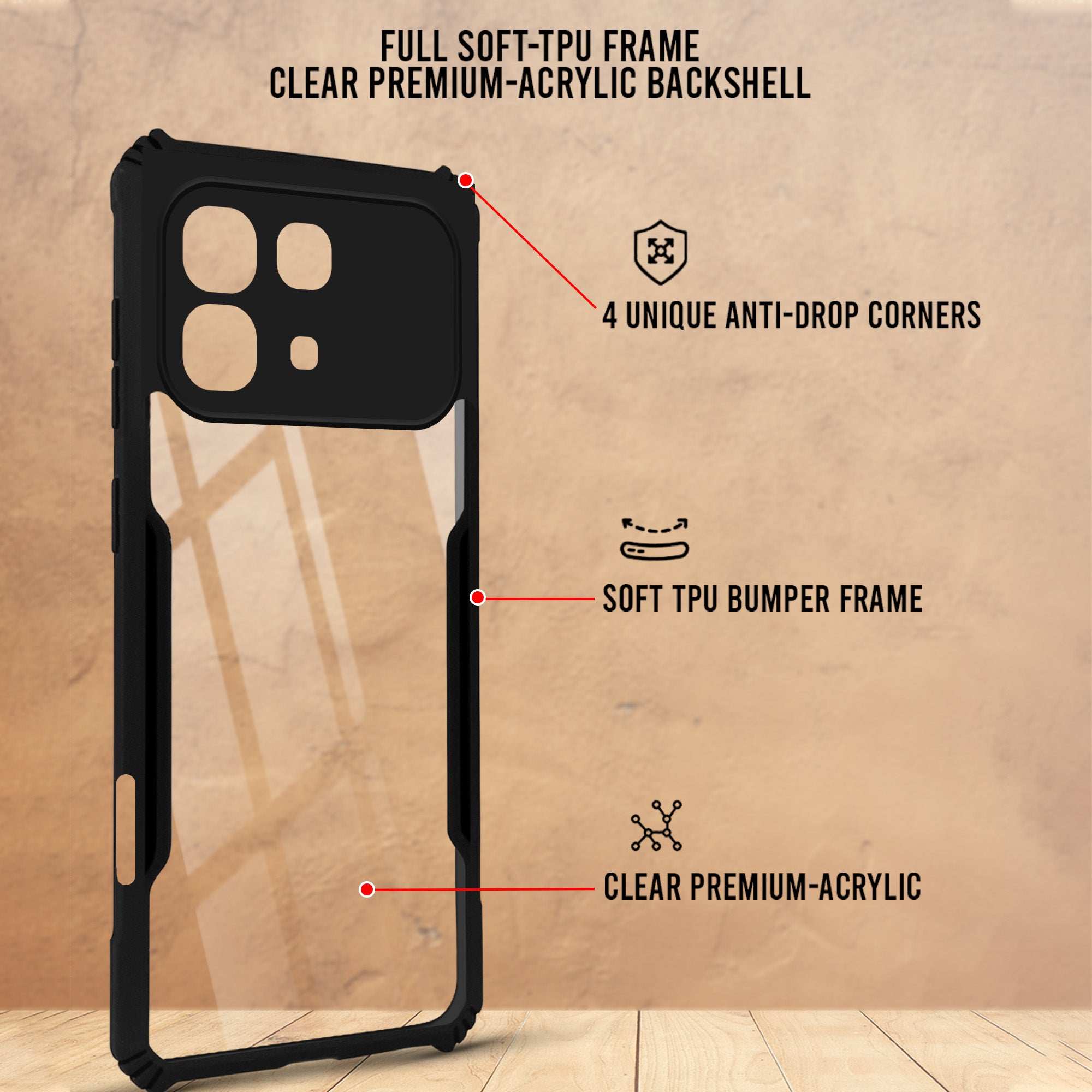 For Infinix Note 60 5G Back Cover Case Hybrid (Shockproof with Polycarbonate Clear Panel | Professional Black)