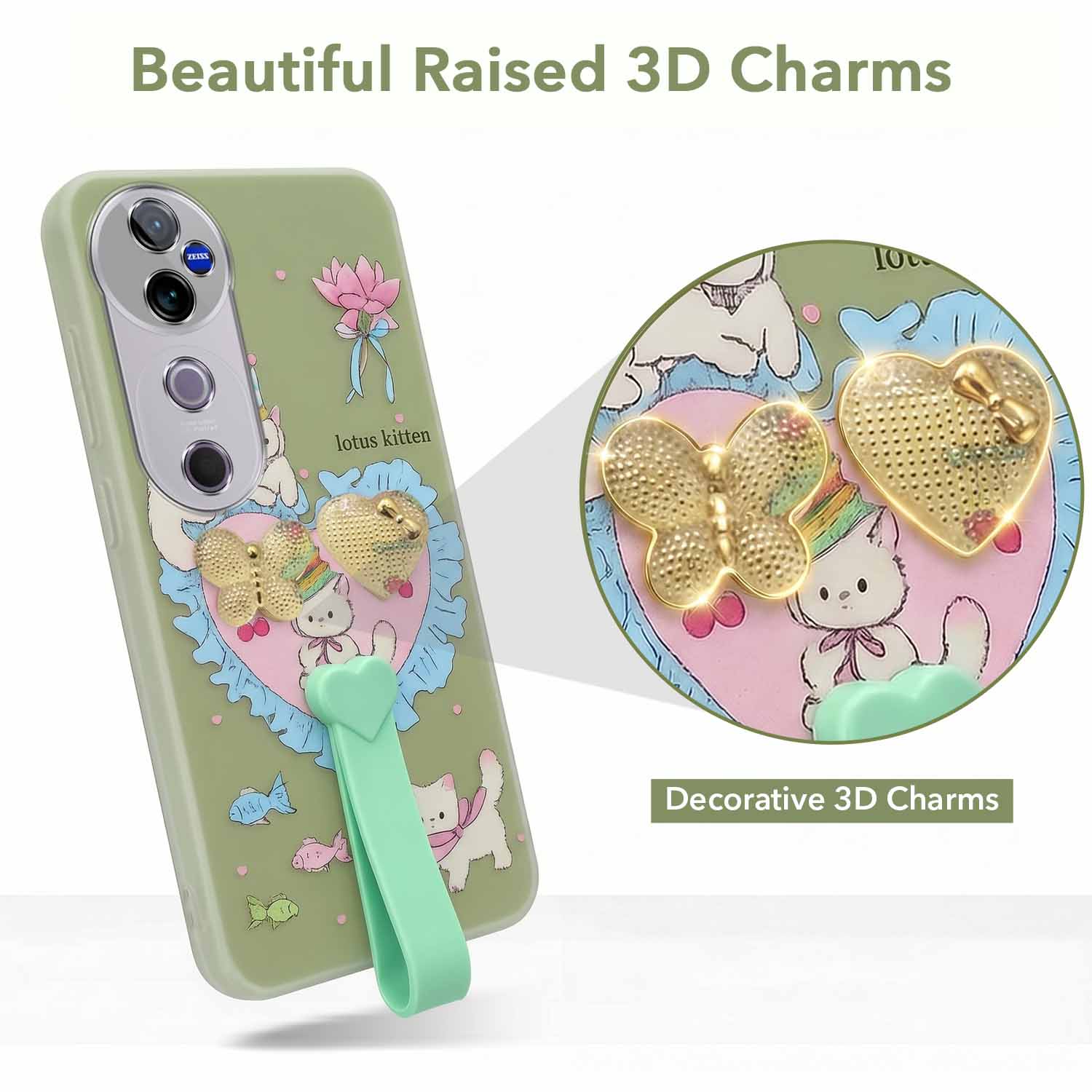 For Vivo V40 | Vivo V40 Pro 5G Back Cover Case (3D Cute Heart Strap Holder | Camera Protection | Designer Girls Print)