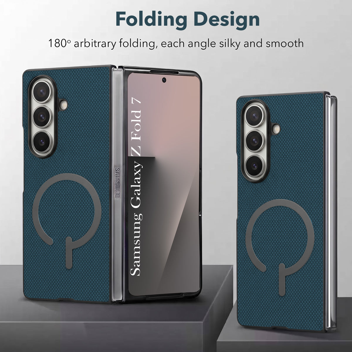 For Samsung Galaxy Z Fold 7 Premium Magnetic Back Cover Case (MagSafe Compatible | 180° Folding Design | Soft Microfiber Inner Lining | Textured Blue Finish)